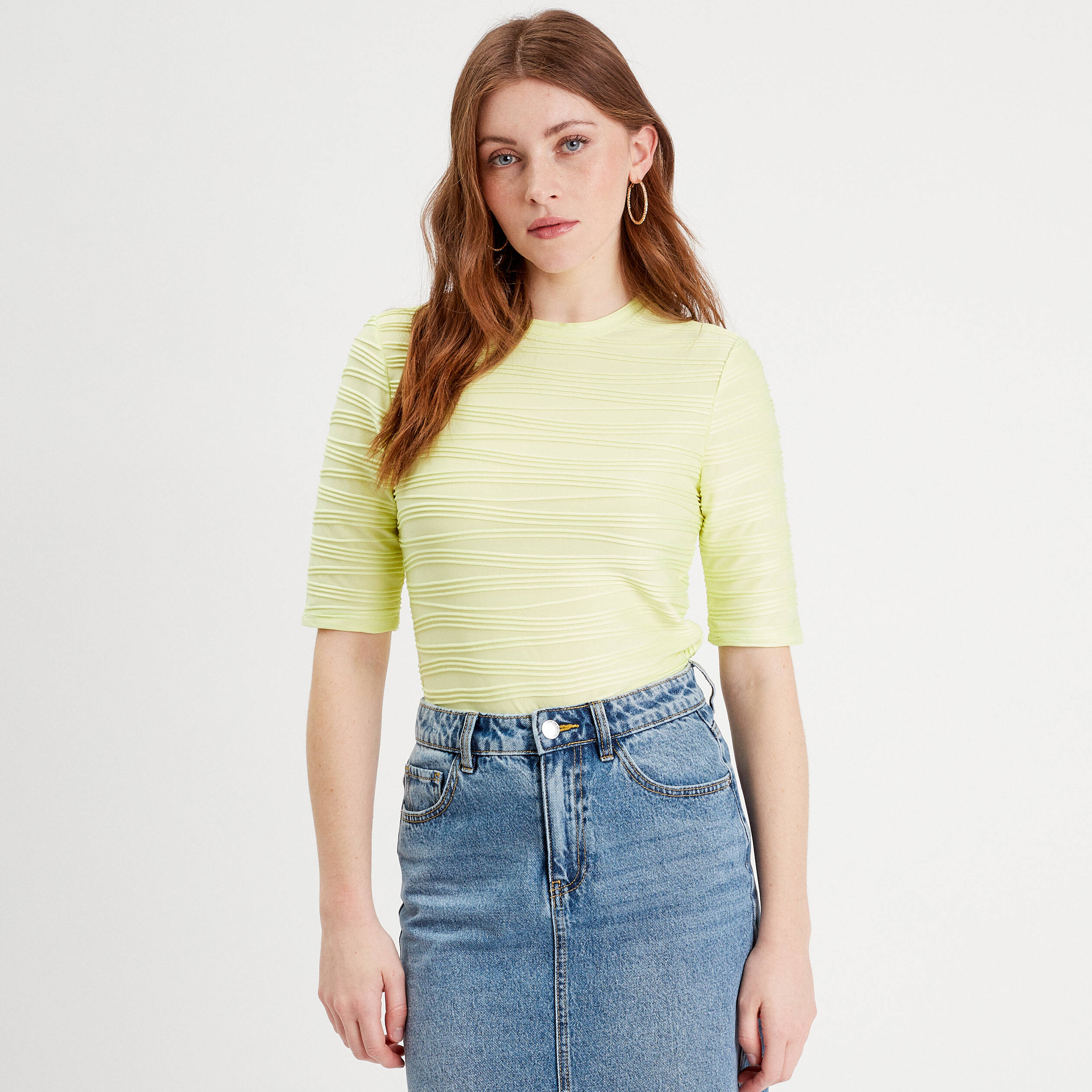 Crop Top Haut Jaune Fluo Femme T-shirt Manches Courtes Jaune Fluo