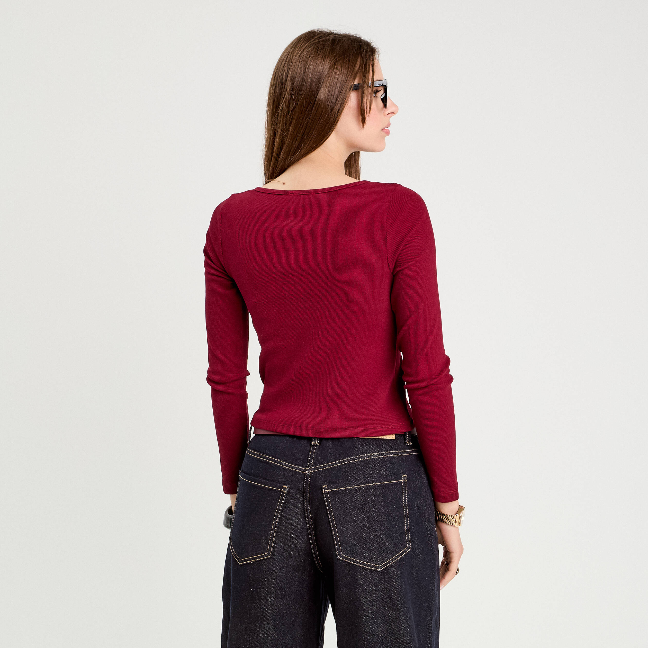 Gilet manches longues c&ocirc;tel&eacute; rouge fonc&eacute; femme