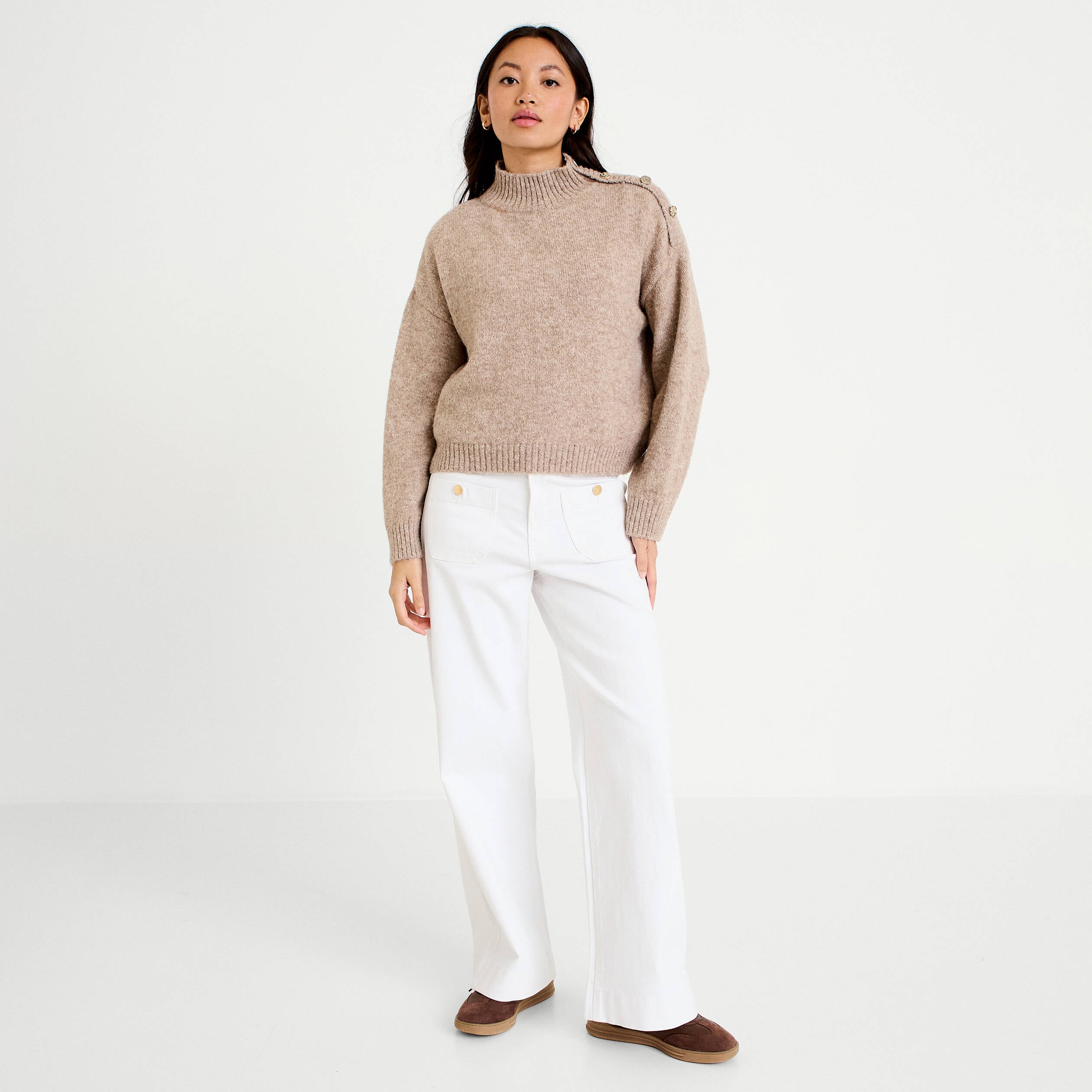 Pull col montant manches longues taupe femme