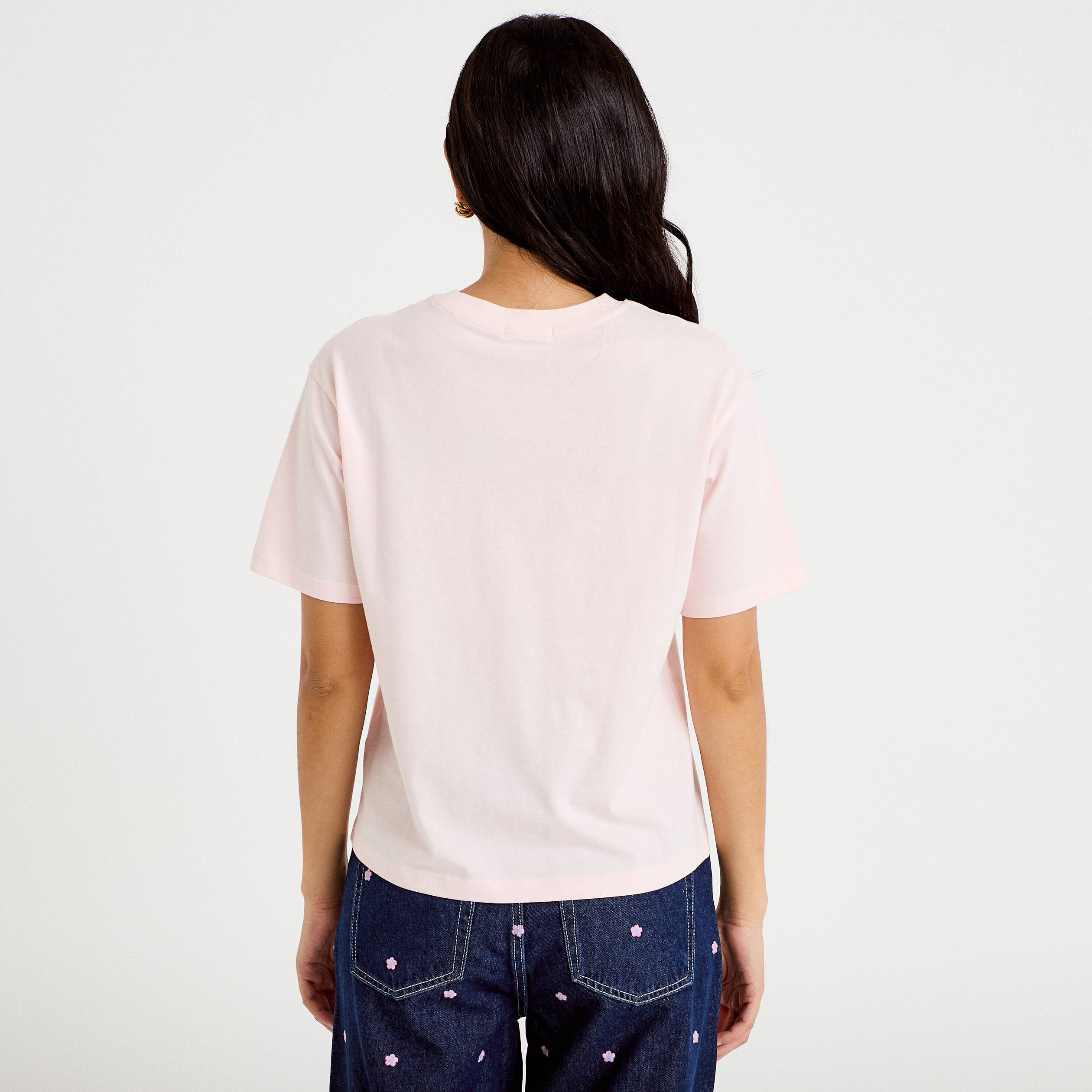 T-shirt col rond manches courtes rose clair femme