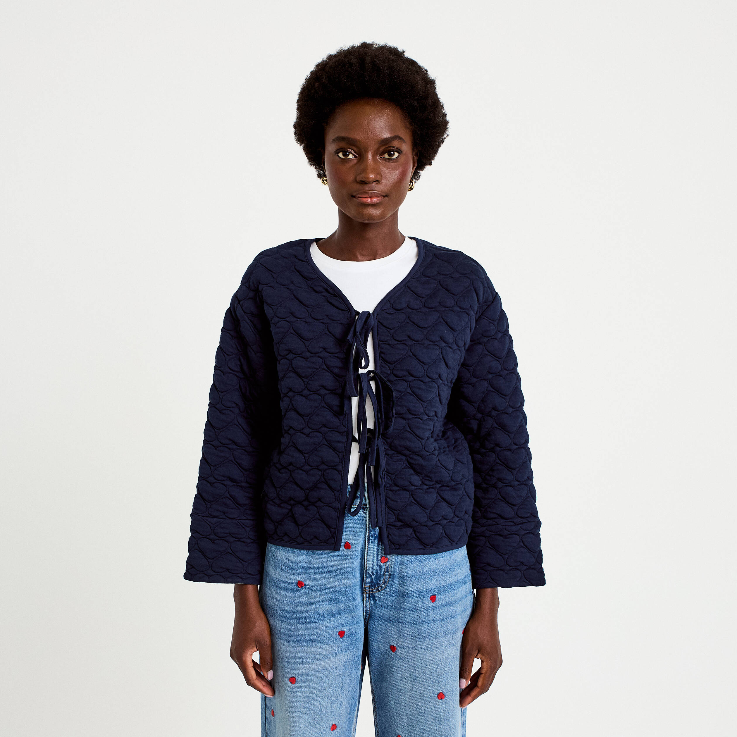 Gilet droit col v manches longues bleu marine femme