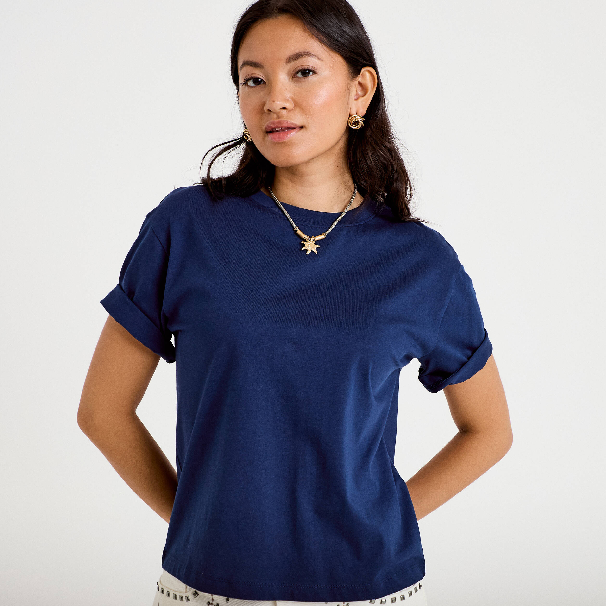 T-shirt col rond manches courtes bleu fonc&eacute; femme