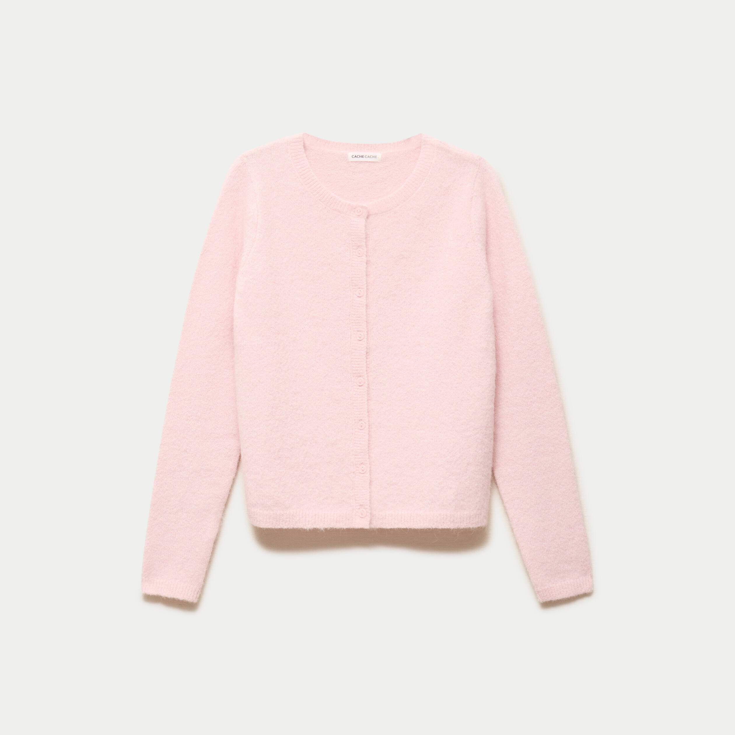 Gilet col rond manches longues rose clair femme
