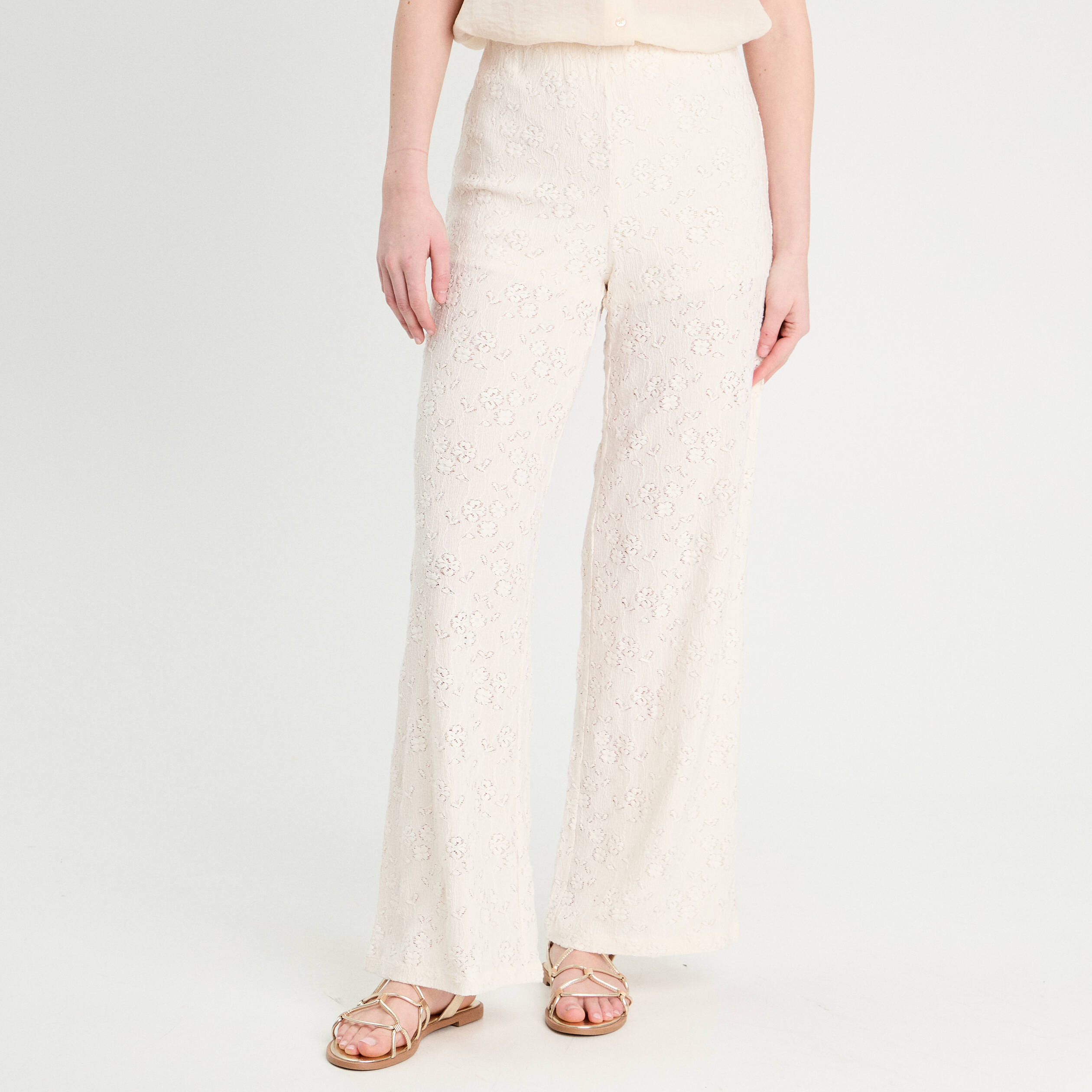 Pantalon large ajouré ecru femme