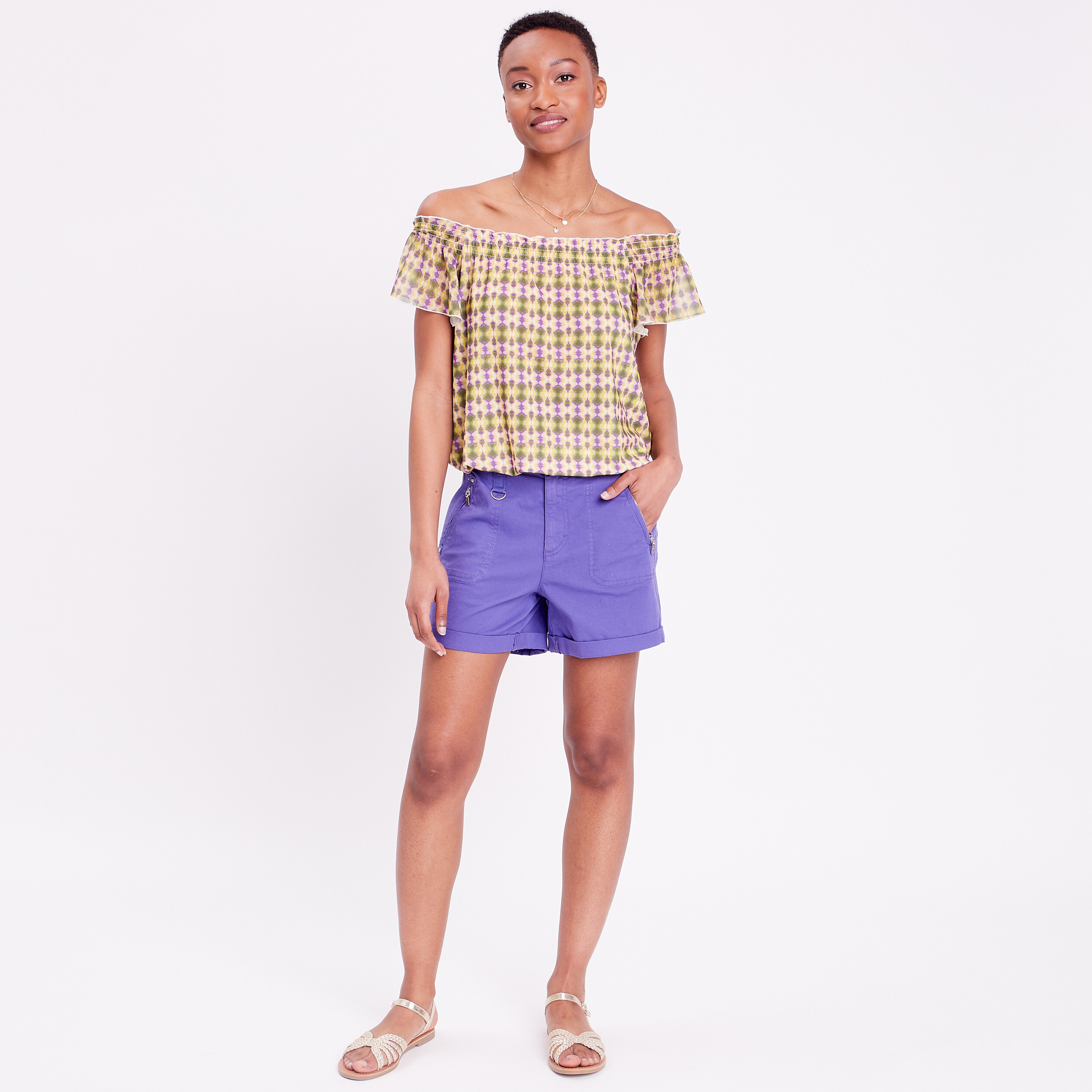 T-shirt manches courtes smock&eacute; vert femme