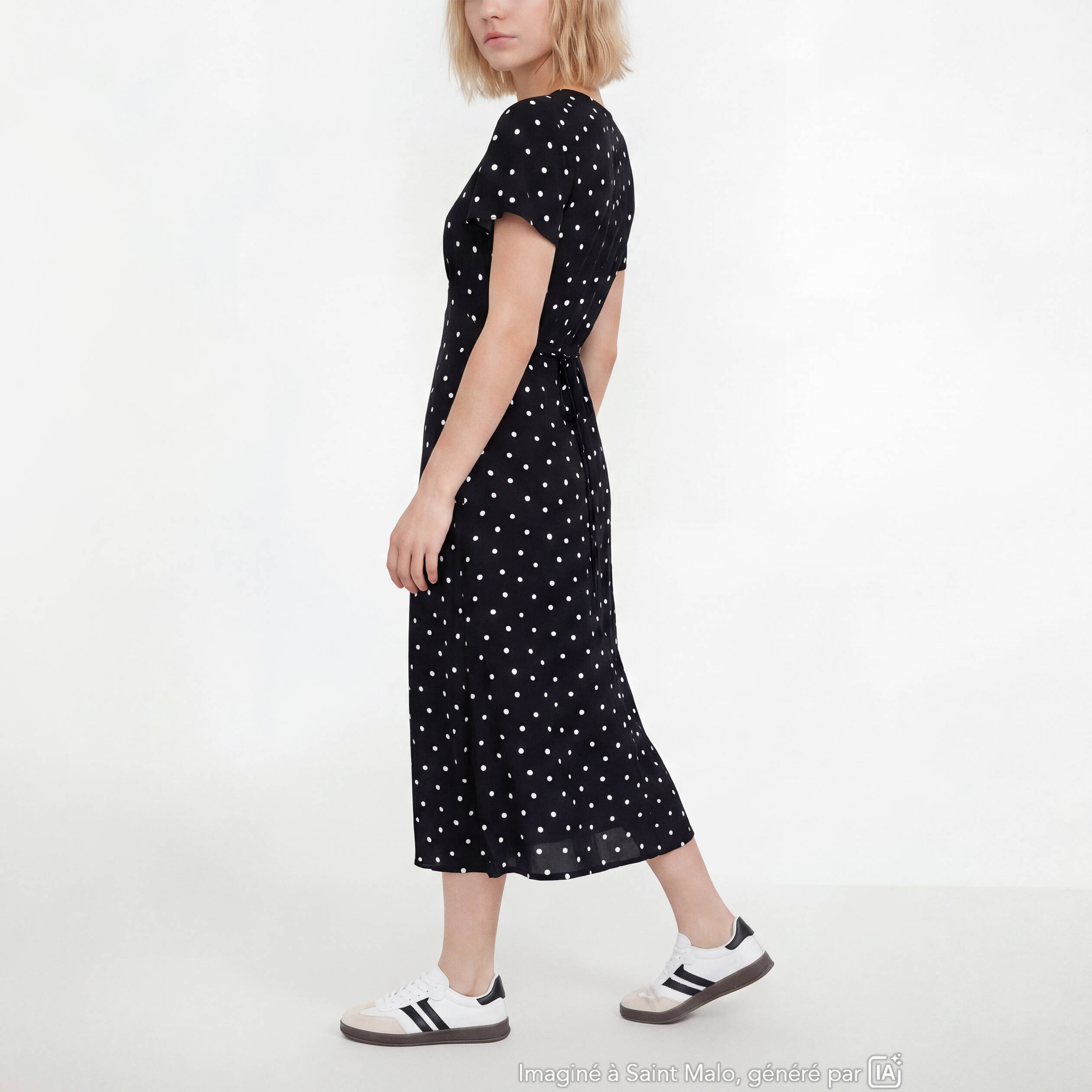 Robe longue &eacute;vas&eacute;e col v manches courtes noir femme