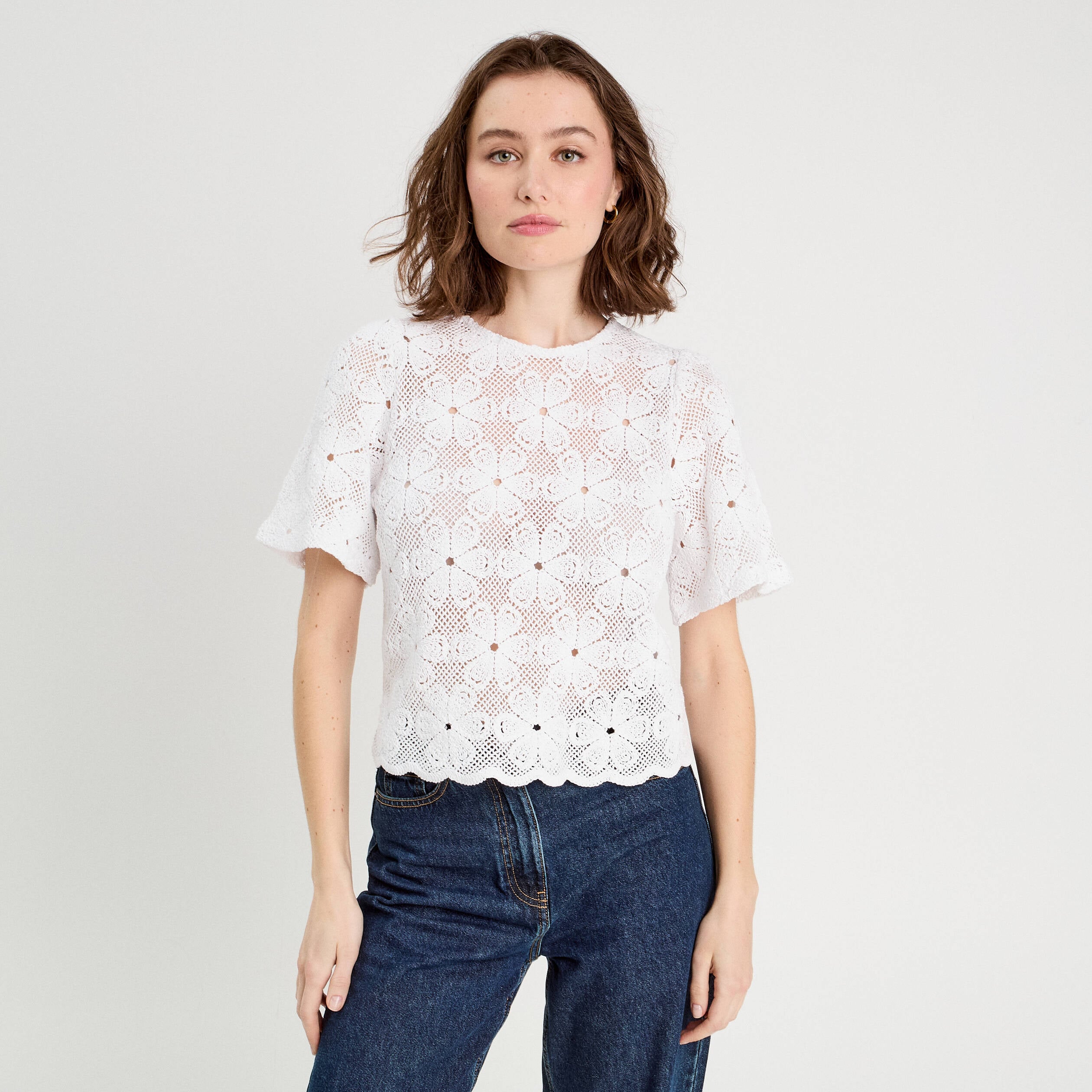 T-shirt dentelle macram&eacute; blanc femme