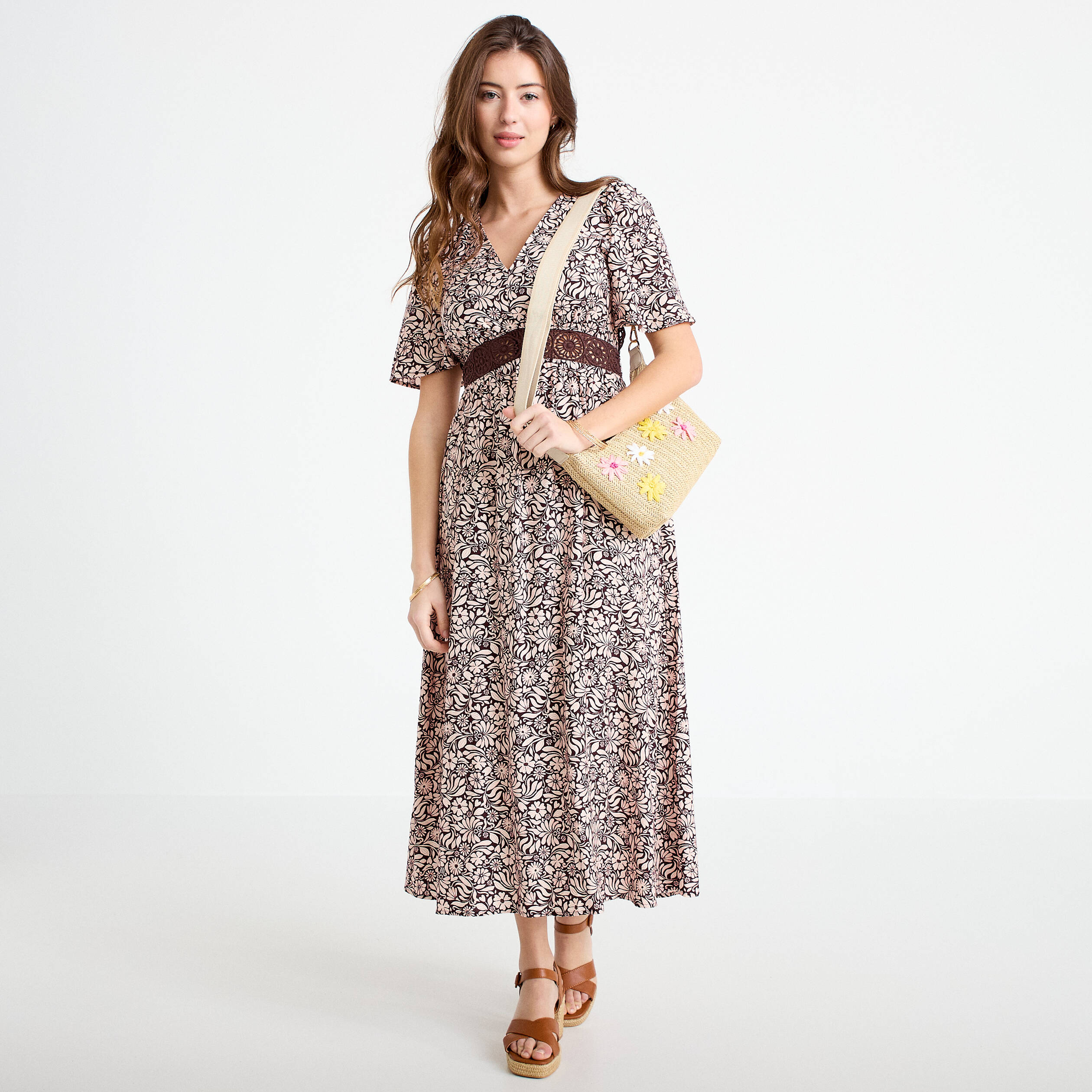 Robe longue &eacute;vas&eacute;e col v manches courtes marron femme