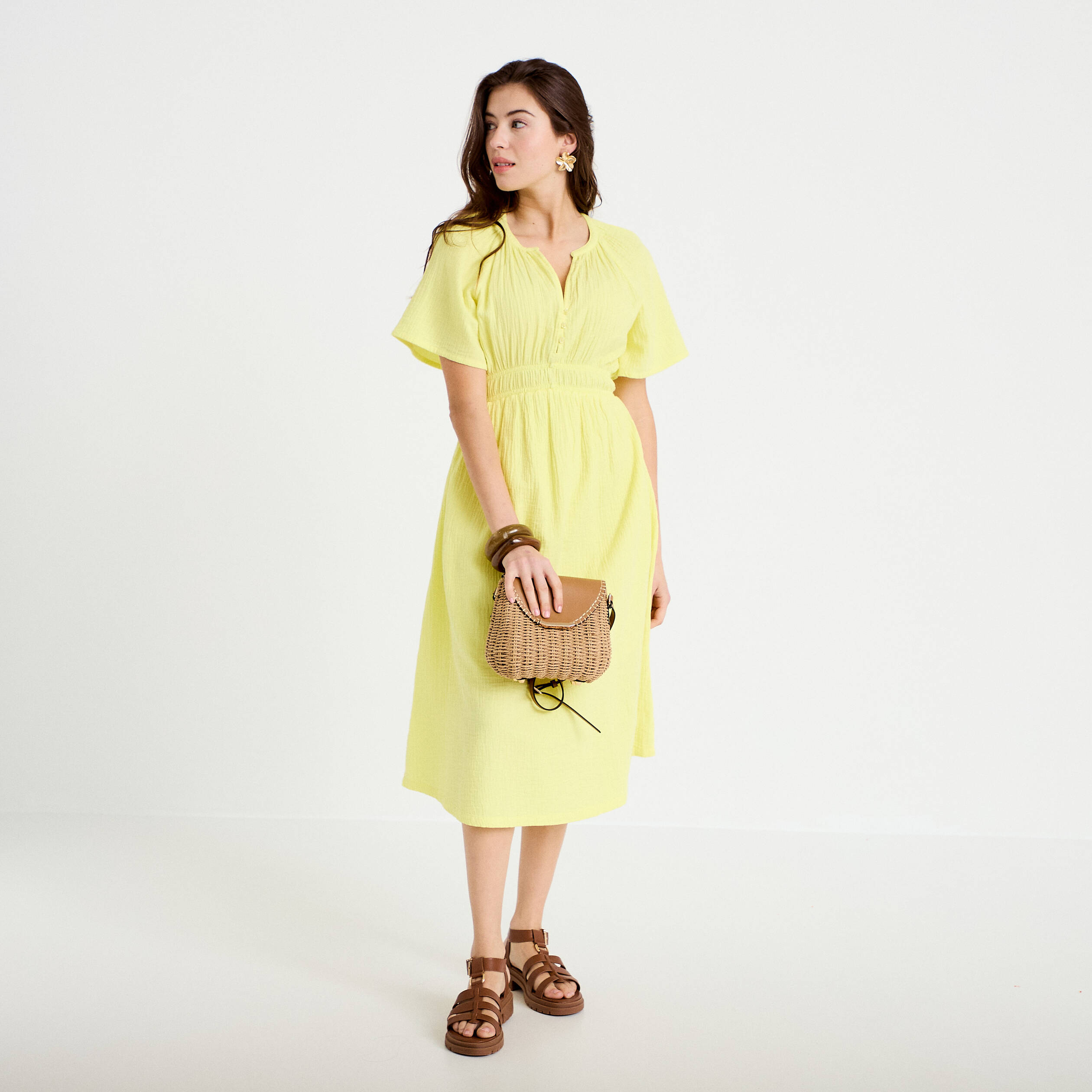 Robe midi pliss&eacute;e col v manches courtes jaune citron femme