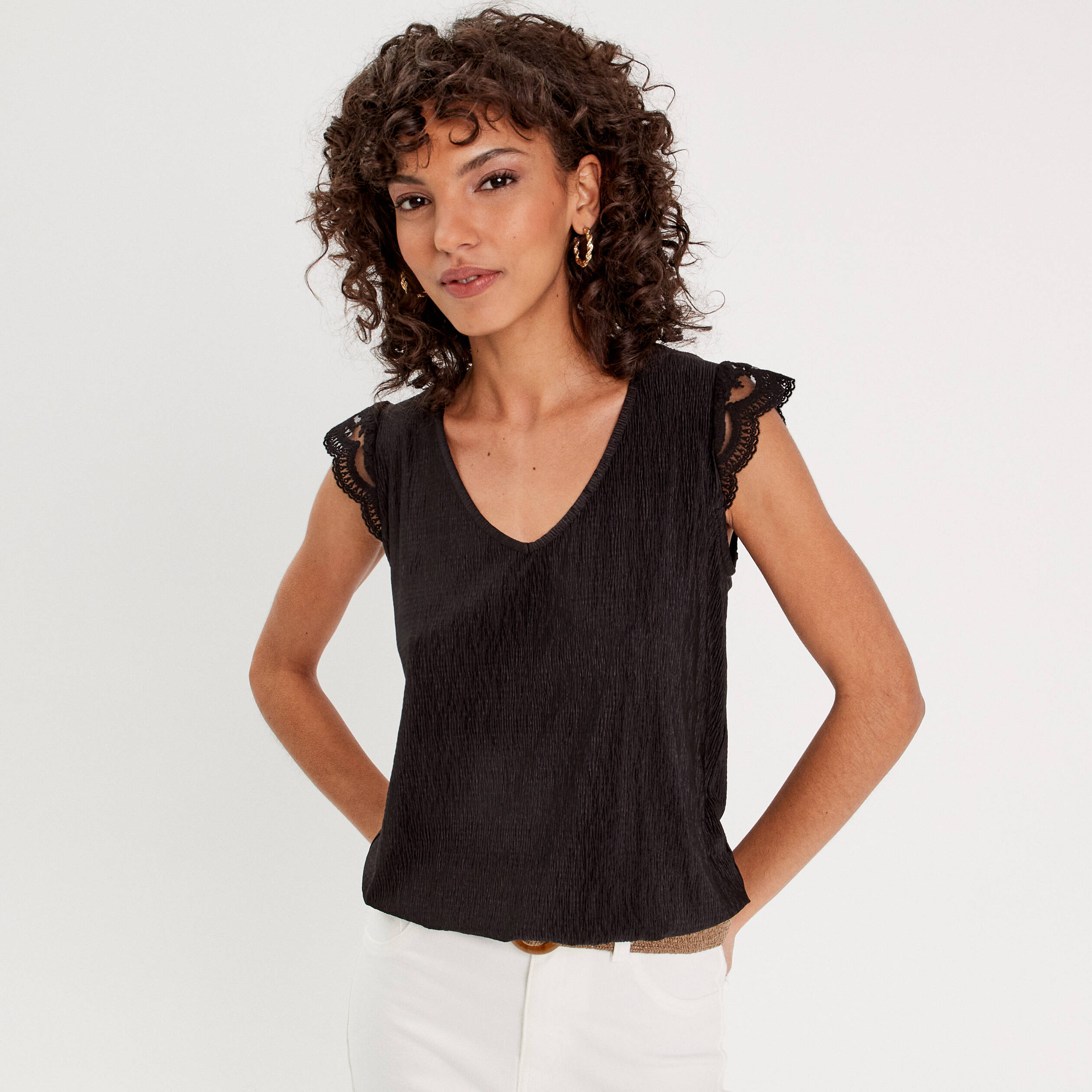 Blouse sans manches plissée noir femme