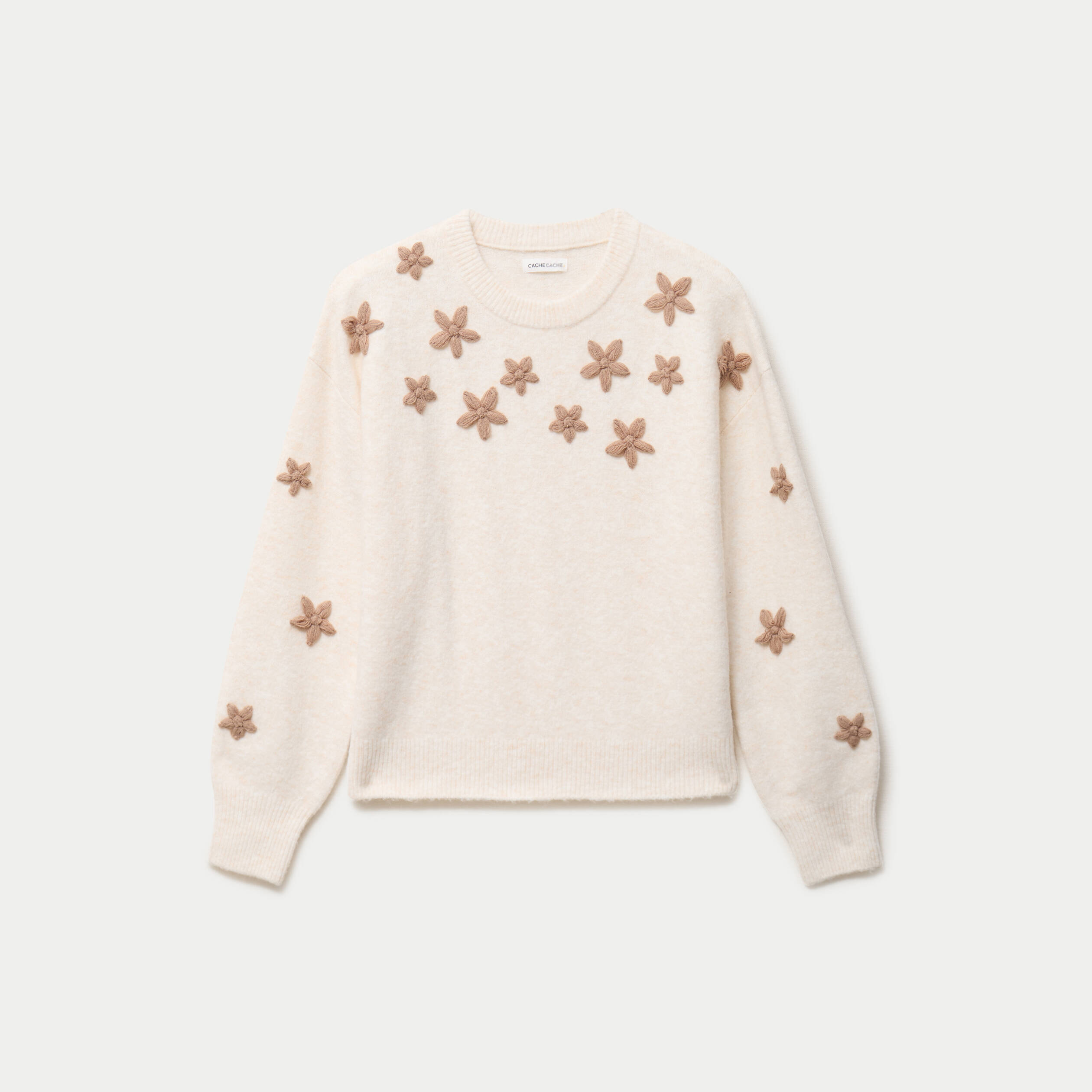 Pull oversize brod&eacute; manches longues ecru femme