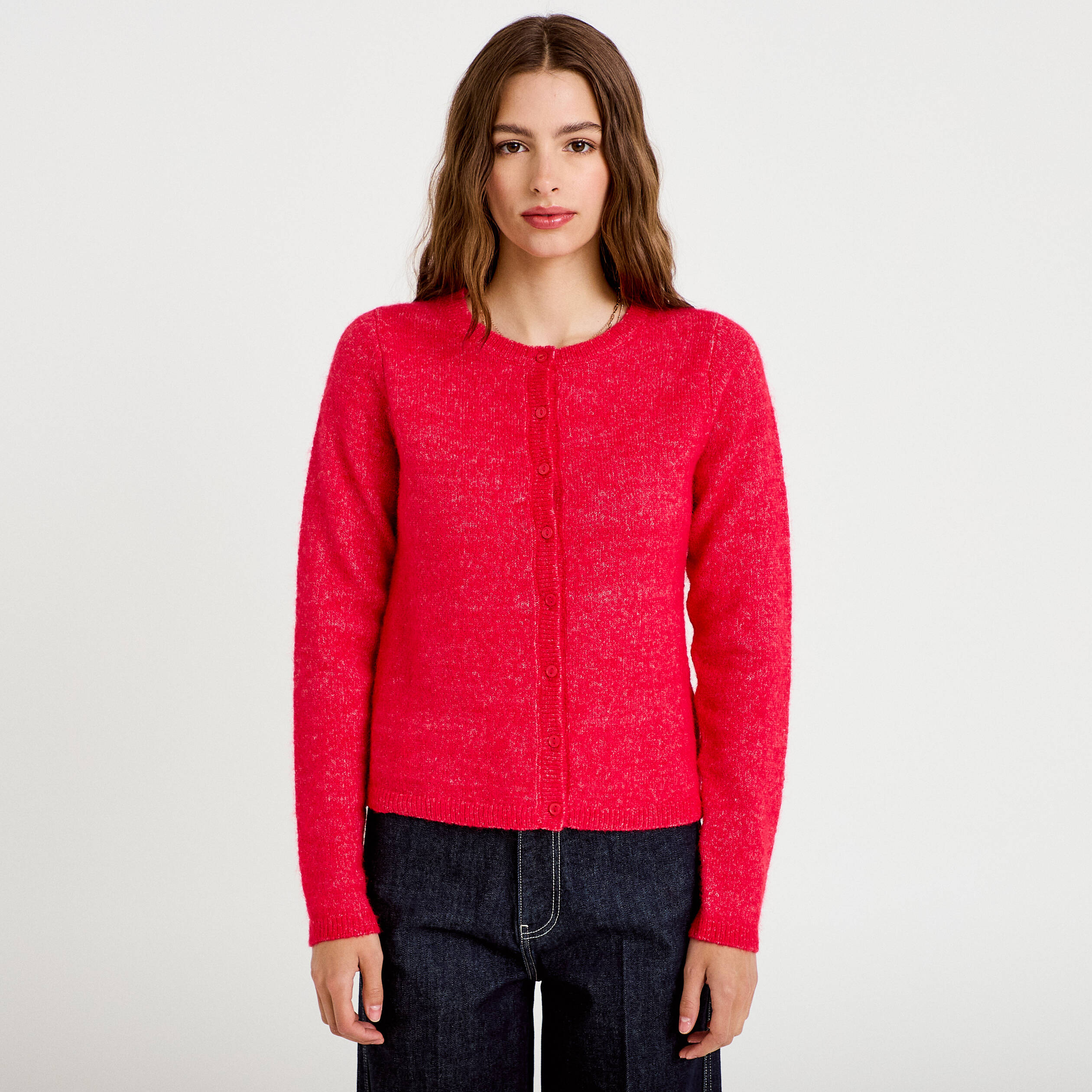 Gilet col rond manches longues rouge femme