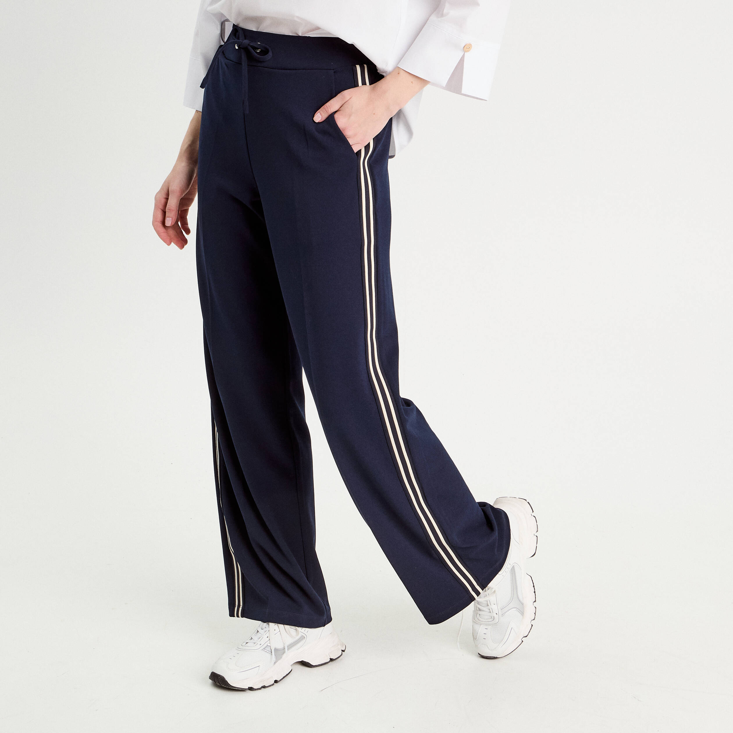 pantalon large avec bandes bleu marine femme Pantalon large avec bandes bleu marine femme