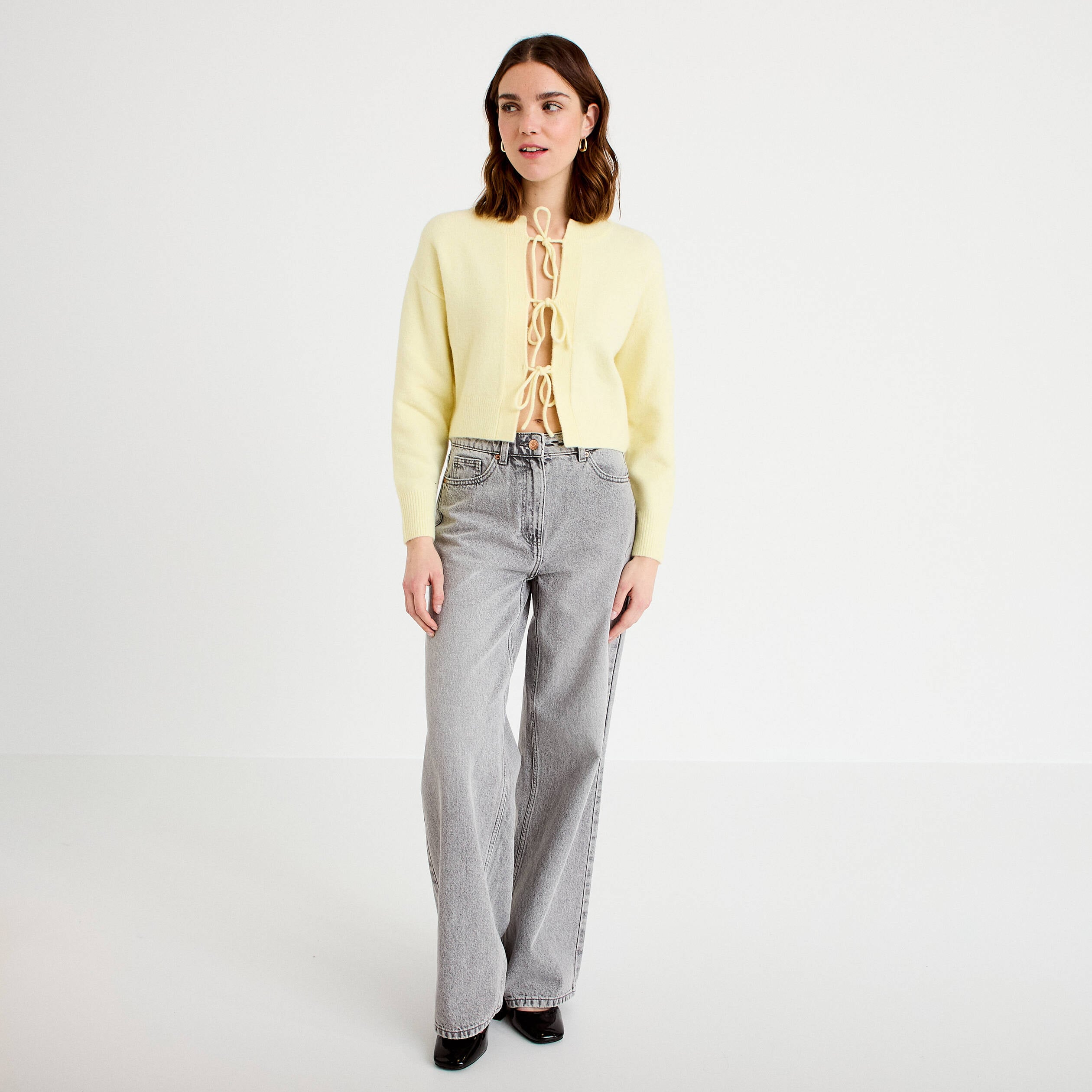 Gilet court nou&eacute; jaune clair femme