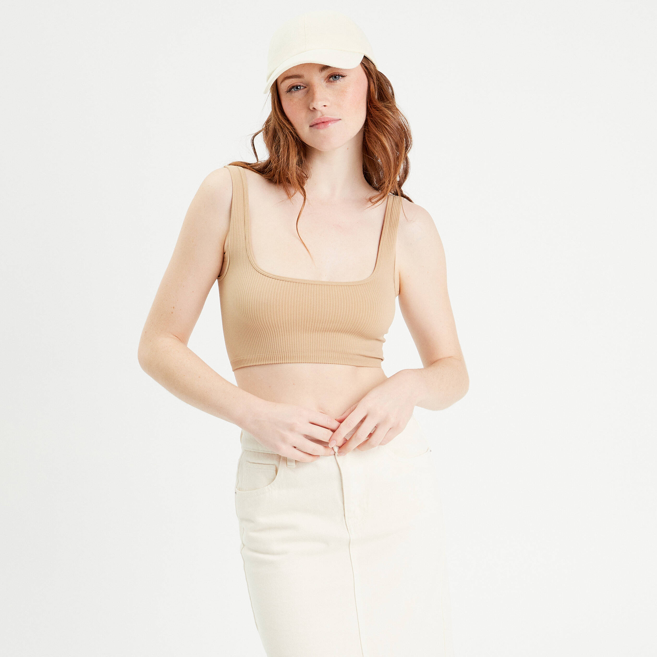 D&eacute;bardeur cropped c&ocirc;tel&eacute; beige femme