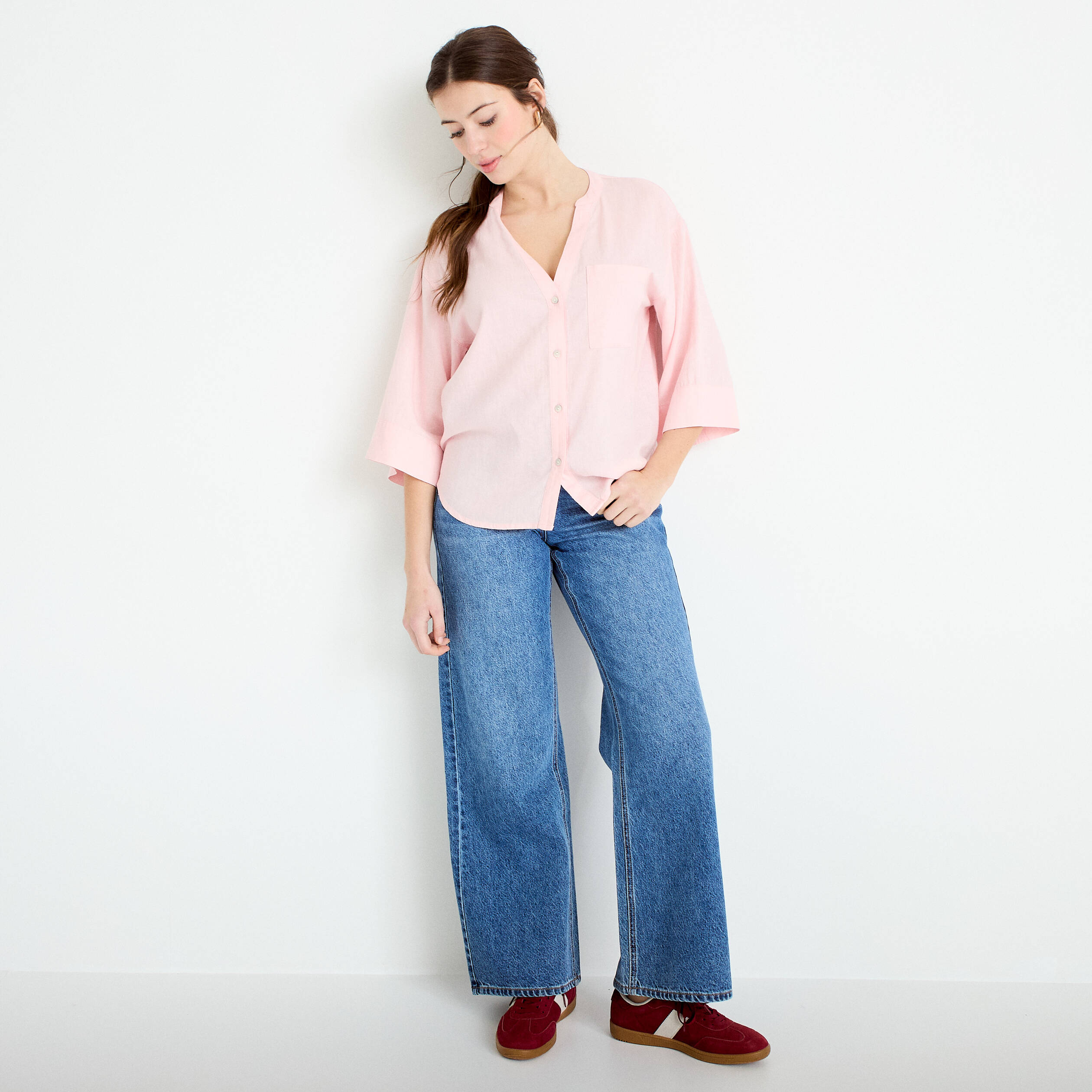 Blouse col V manches 3/4 rose clair femme