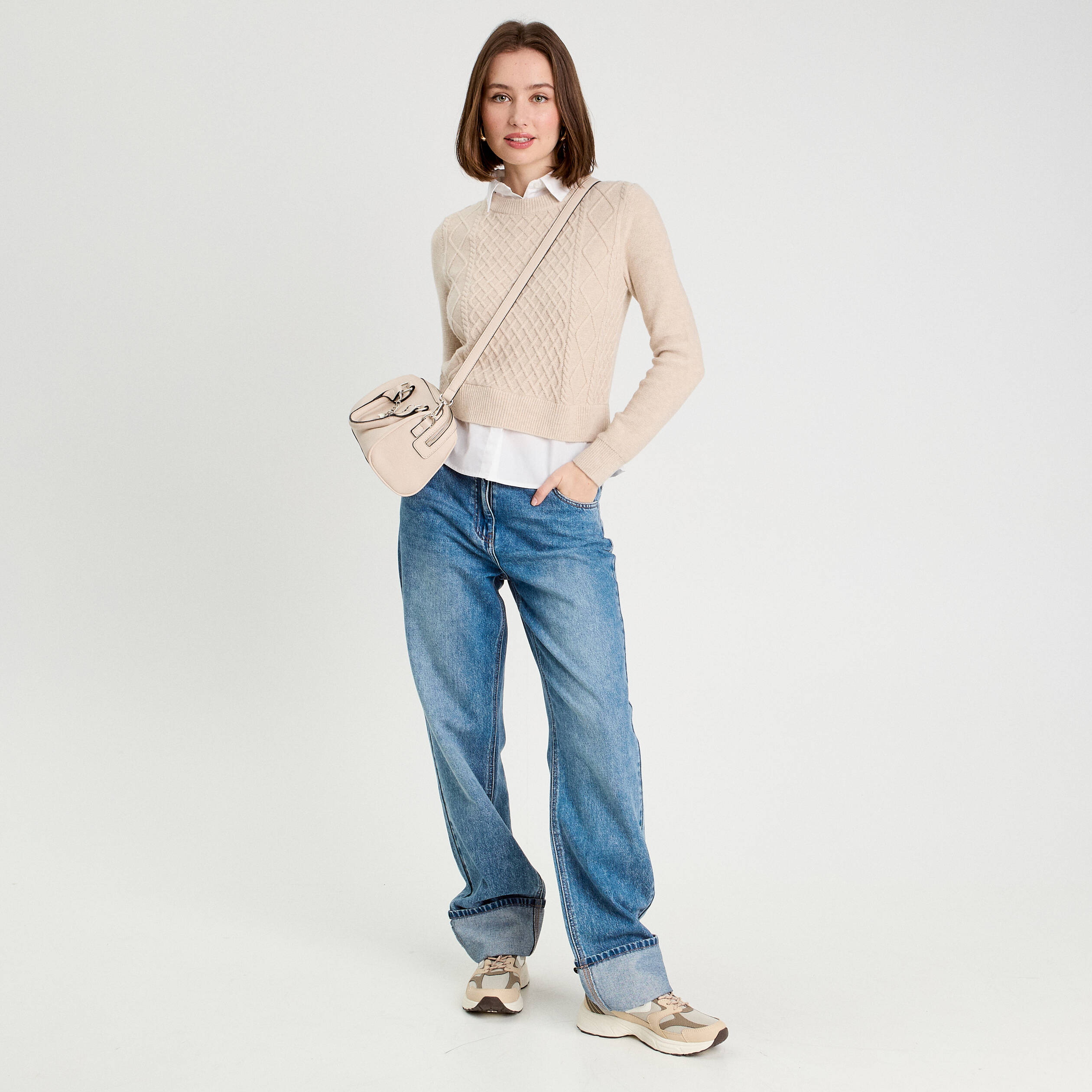 Pull chemise 2-en-1 beige femme