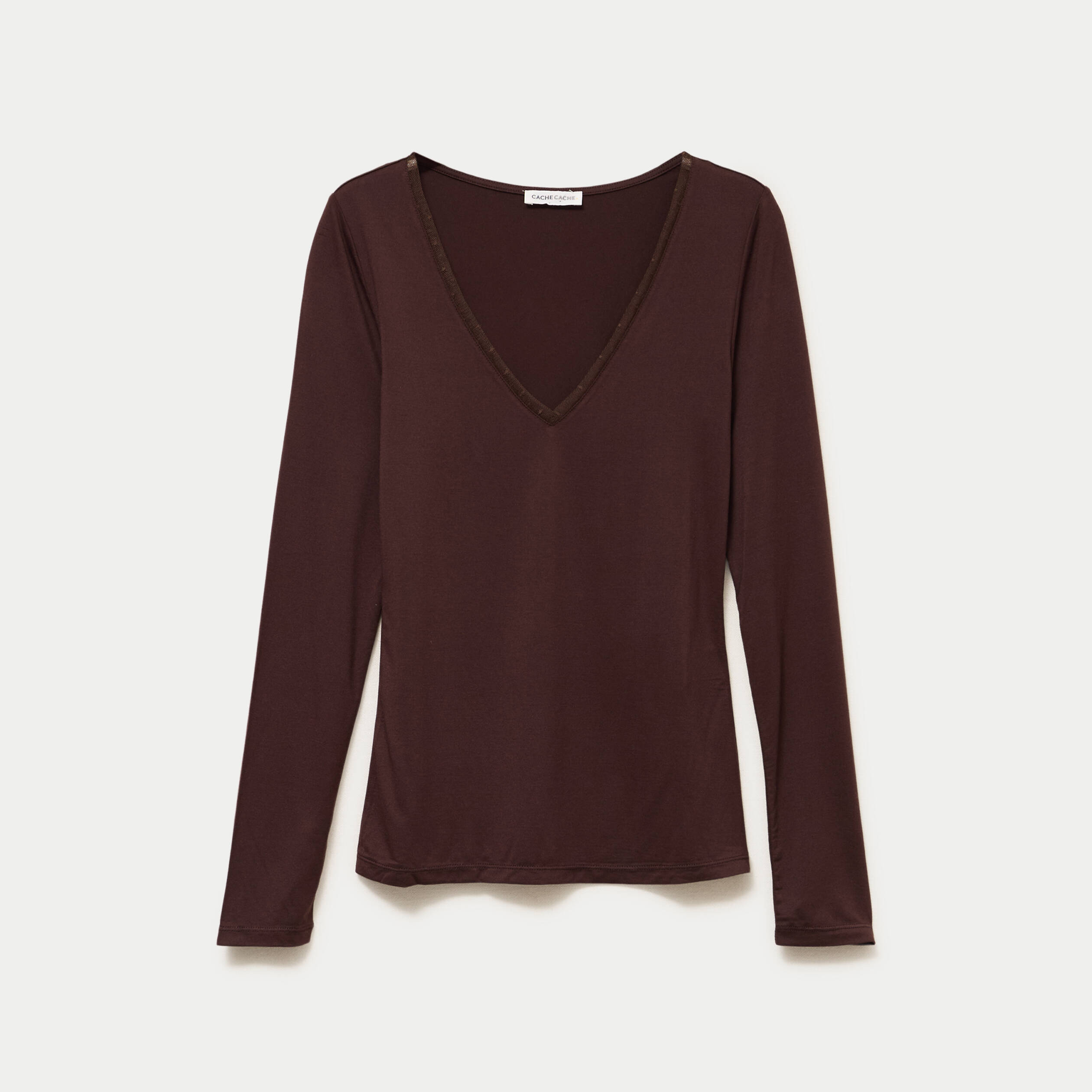 T-shirt thermique col en V plumetis marron fonc&eacute; femme