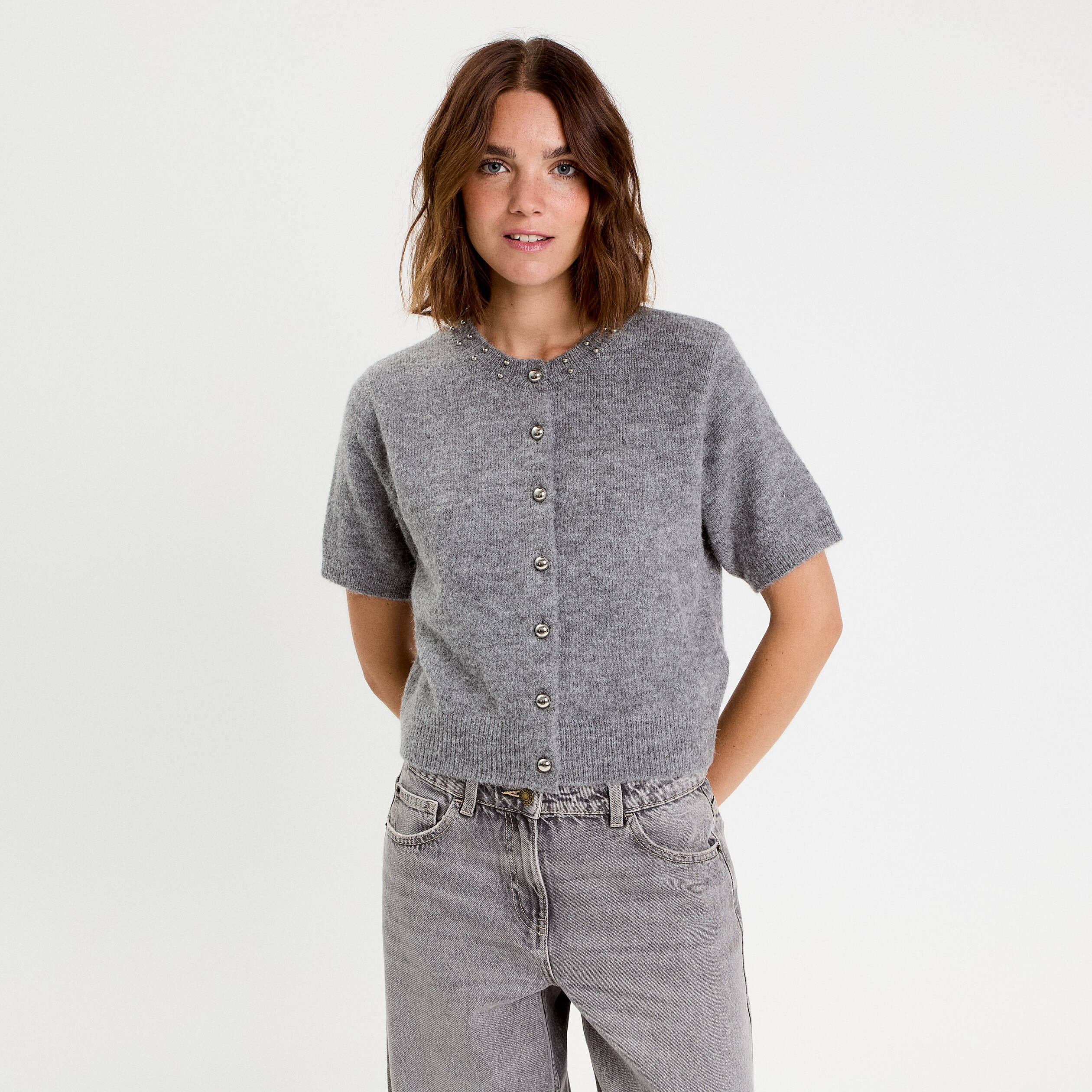 Gilet &agrave; d&eacute;tails de perles gris femme