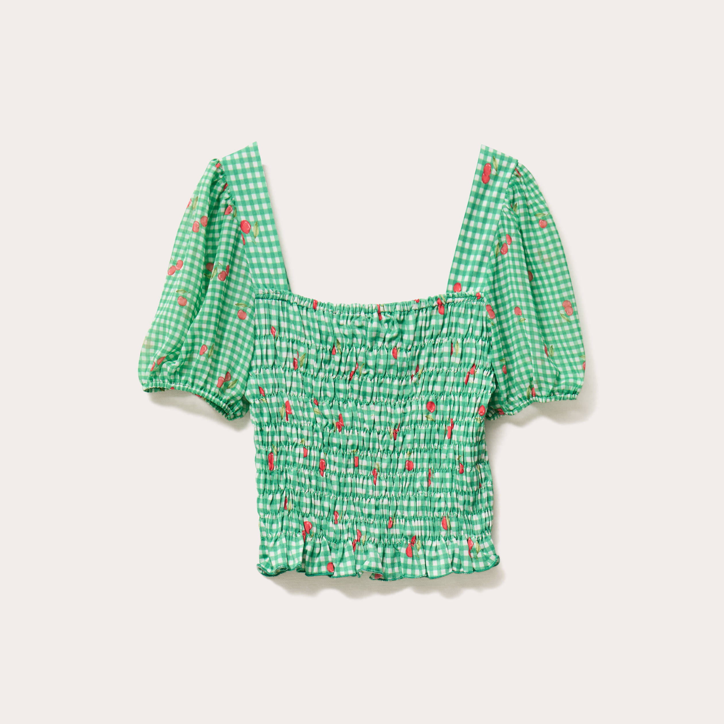 Blouse manches courtes smockée rouge femme