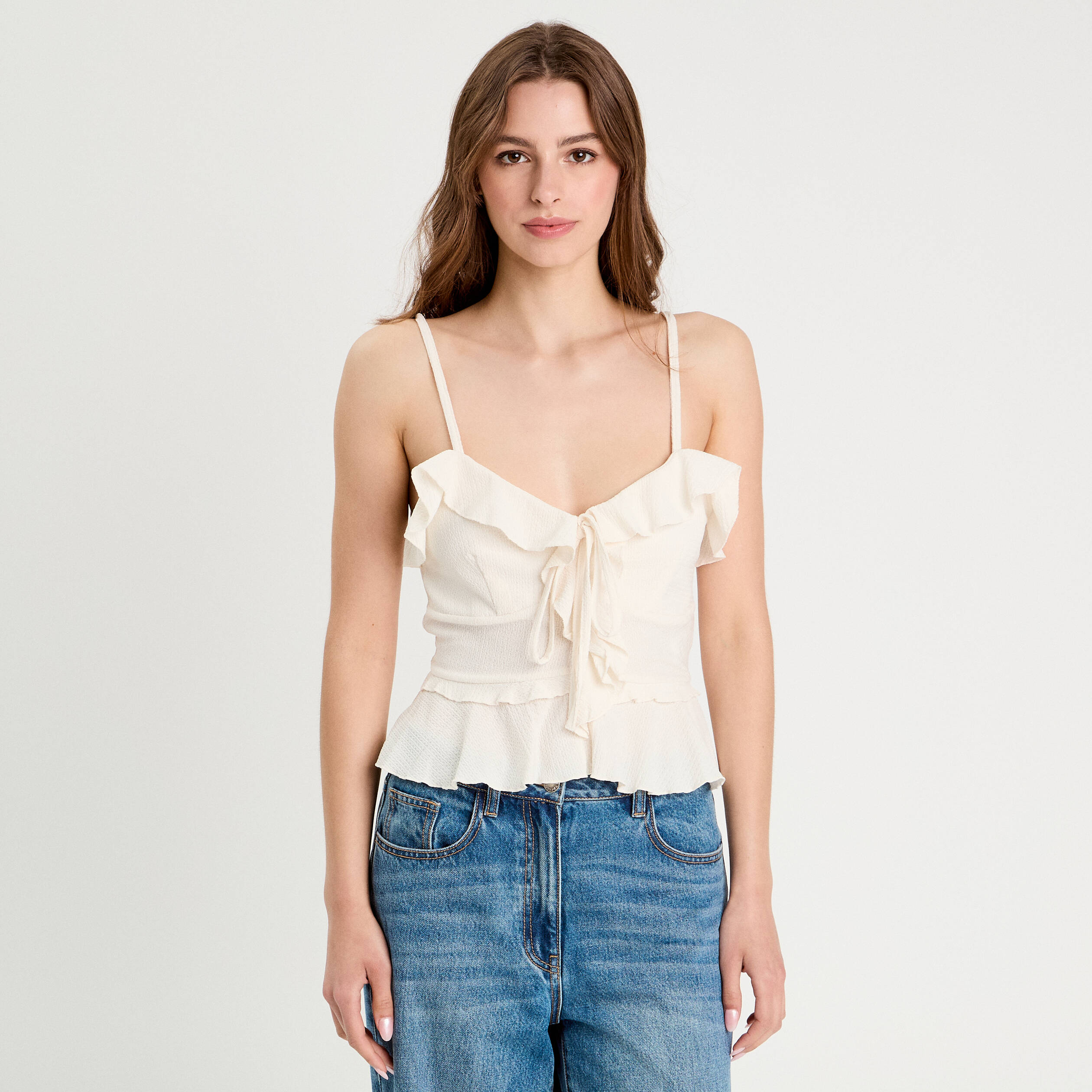 debardeur cropped volants ecru femme Débardeur cropped volants ecru femme