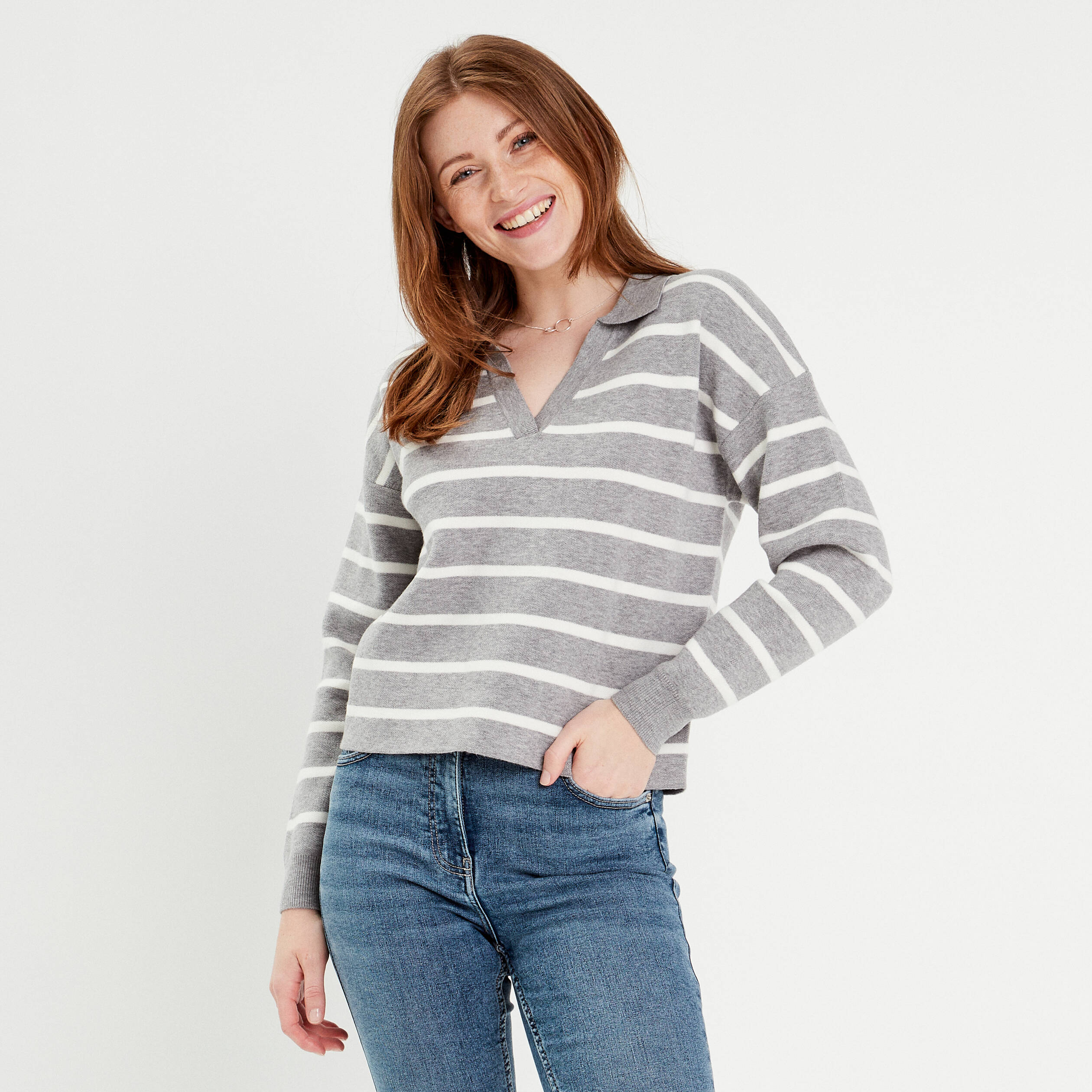 Pull manches longues col polo gris clair femme