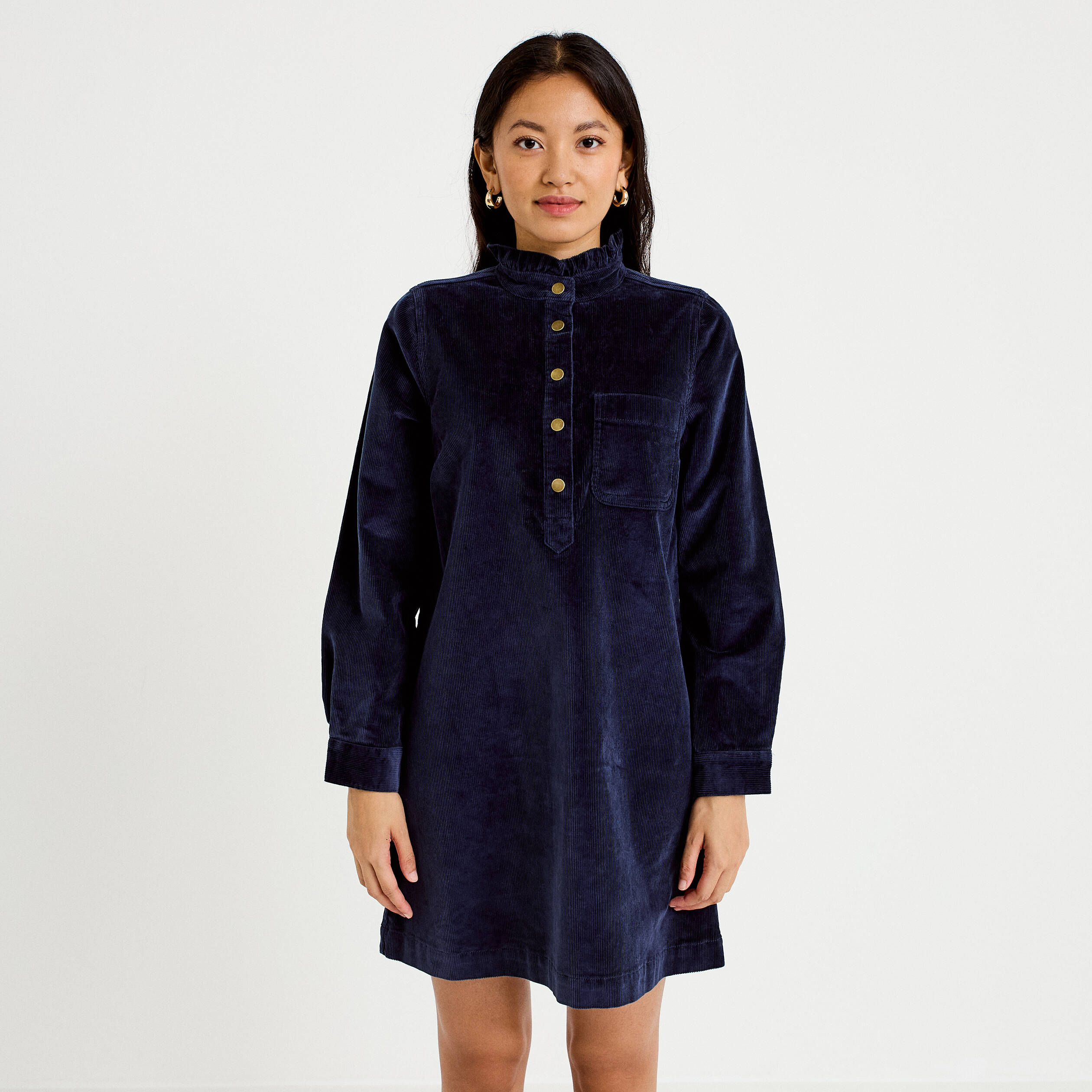 Robe &eacute;vas&eacute;e velours col montant bleu marine femme