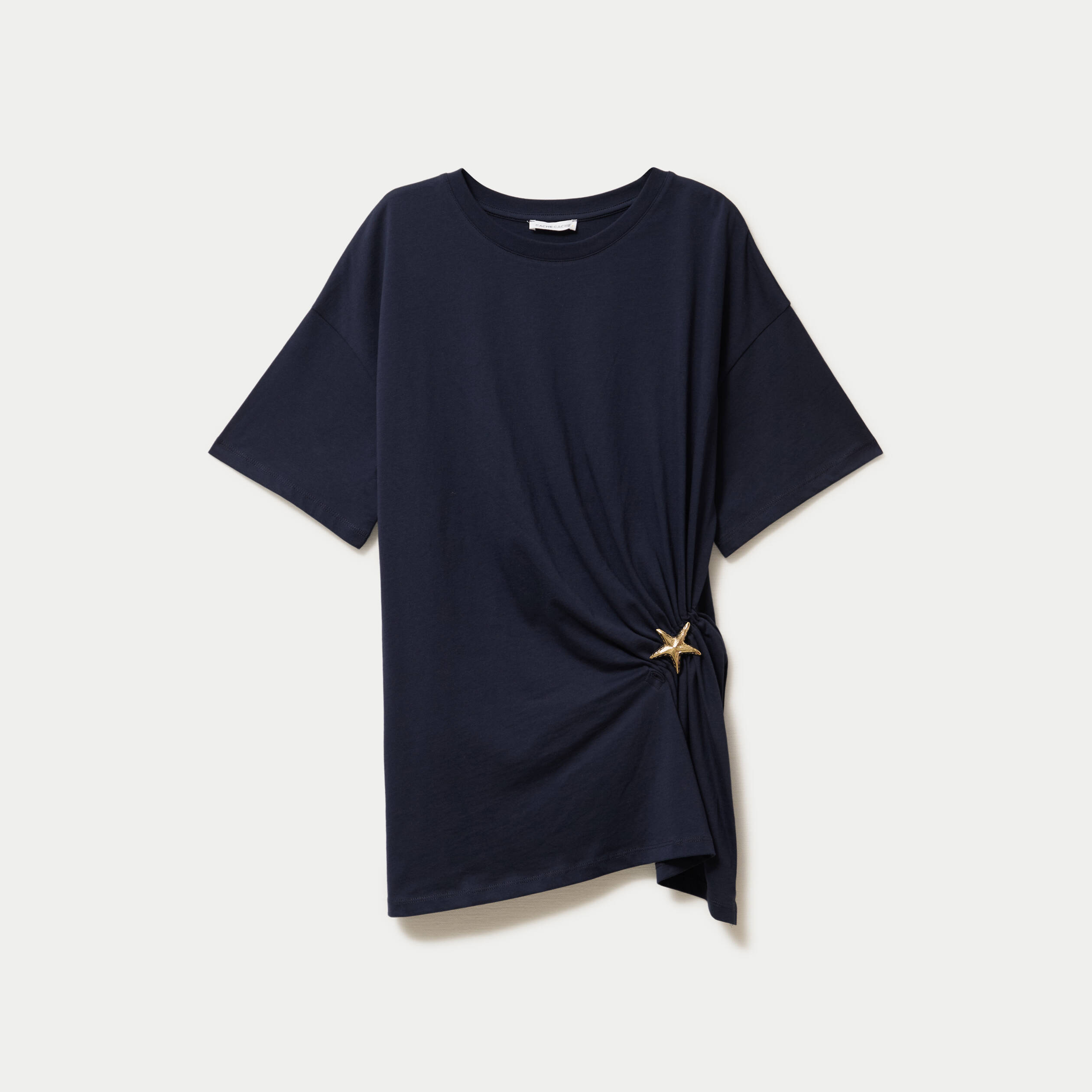 T-shirt &agrave; fronces avec bijou bleu marine femme