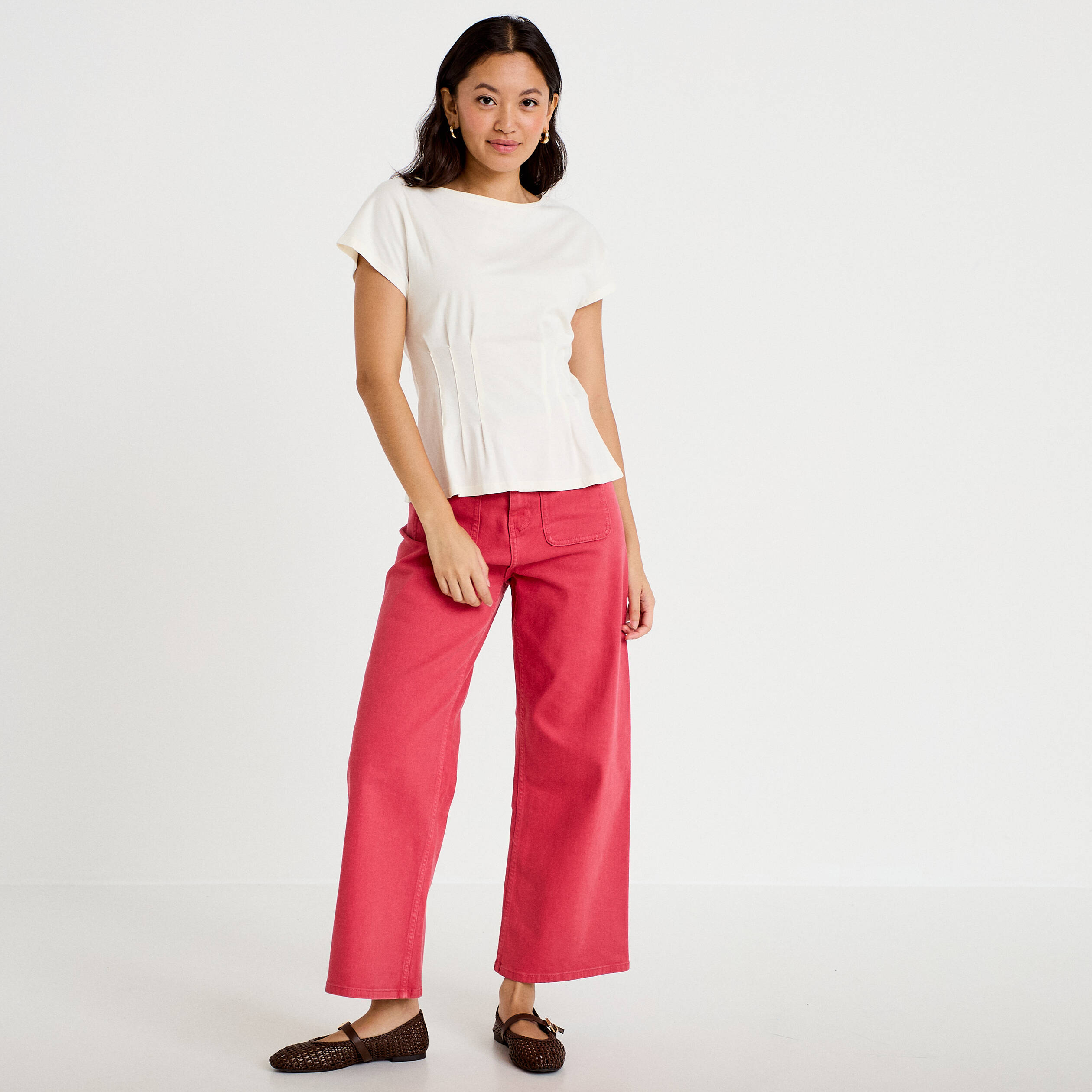 Jean wide leg cropped taille haute rose framboise femme