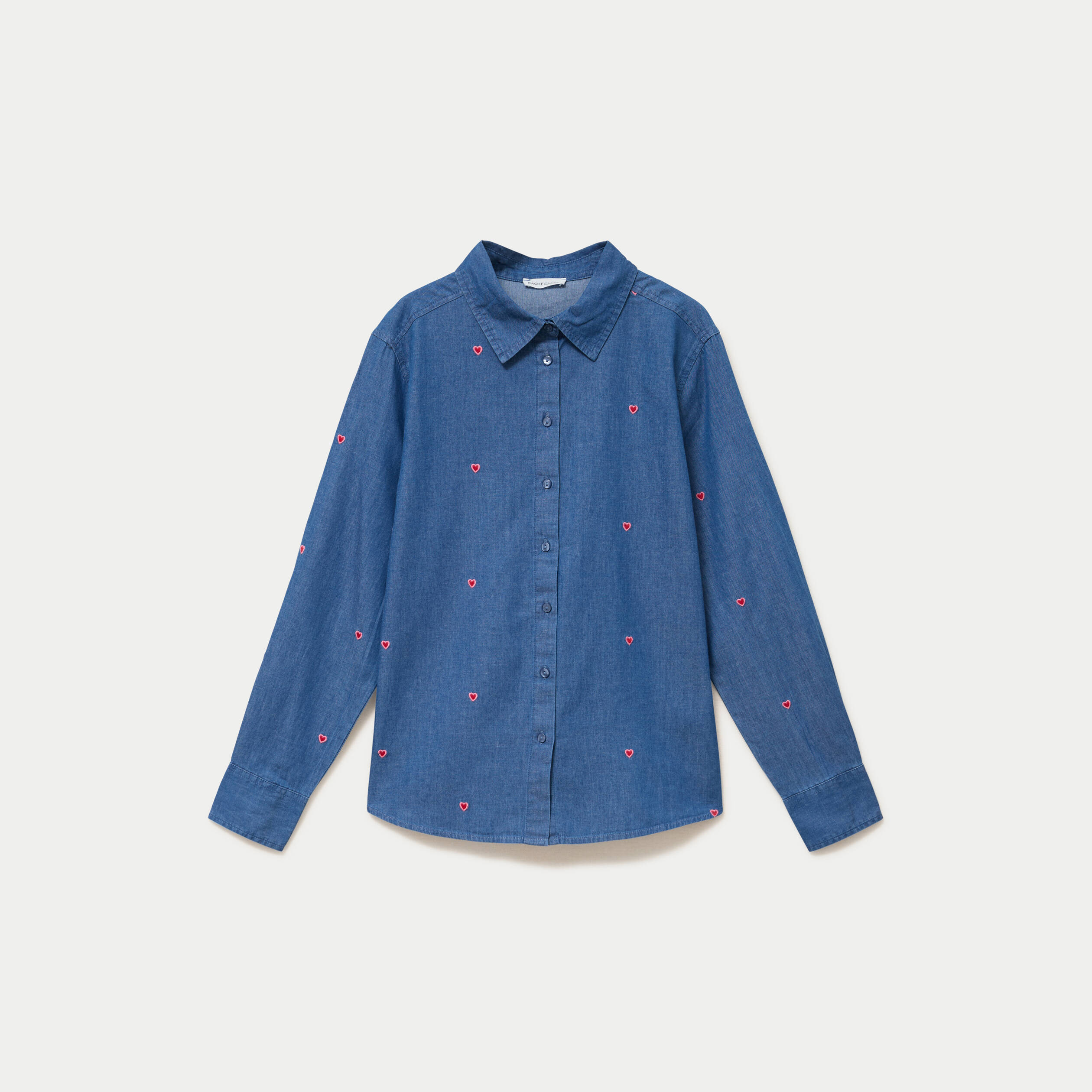 Chemise droite en jean col am&eacute;ricain denim stone femme