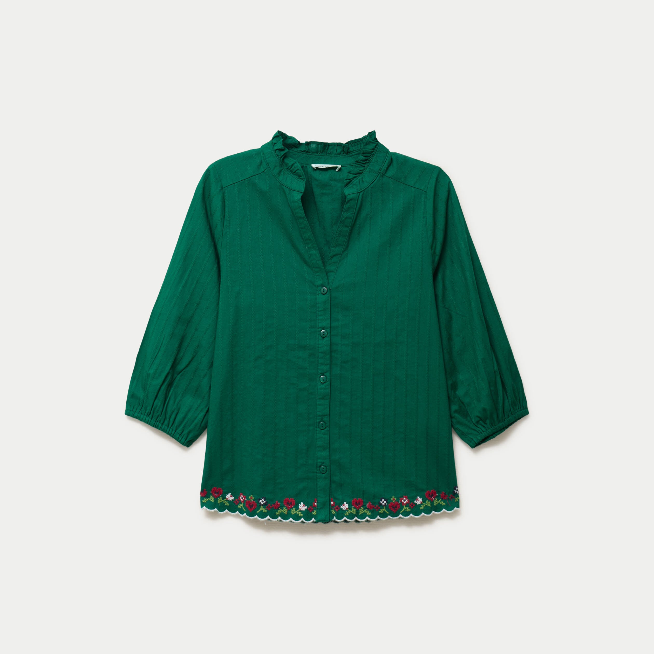 Blouse broderie col v manches 3/4 vert fonc&eacute; femme