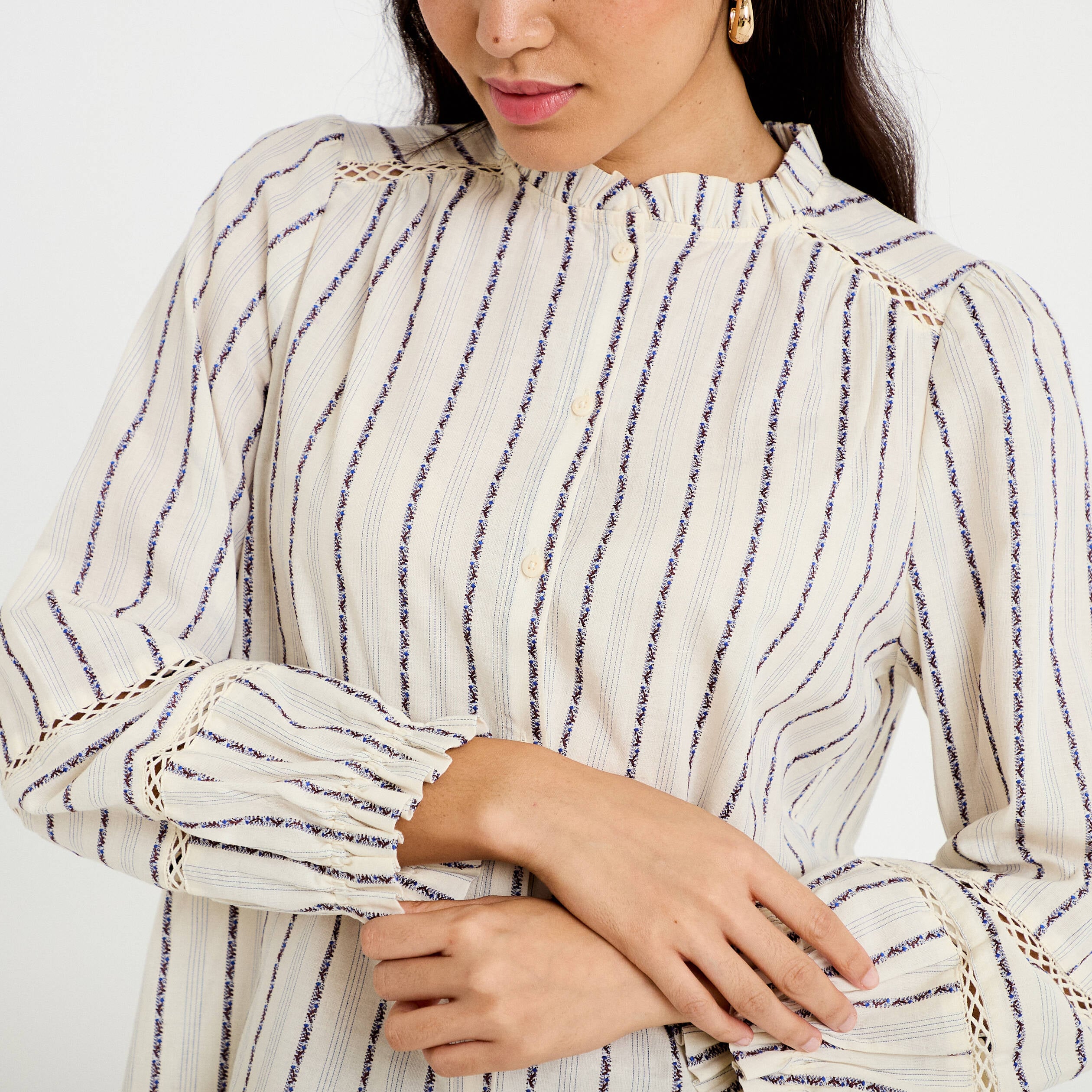 Blouse ajour&eacute;e manches longues blanc femme