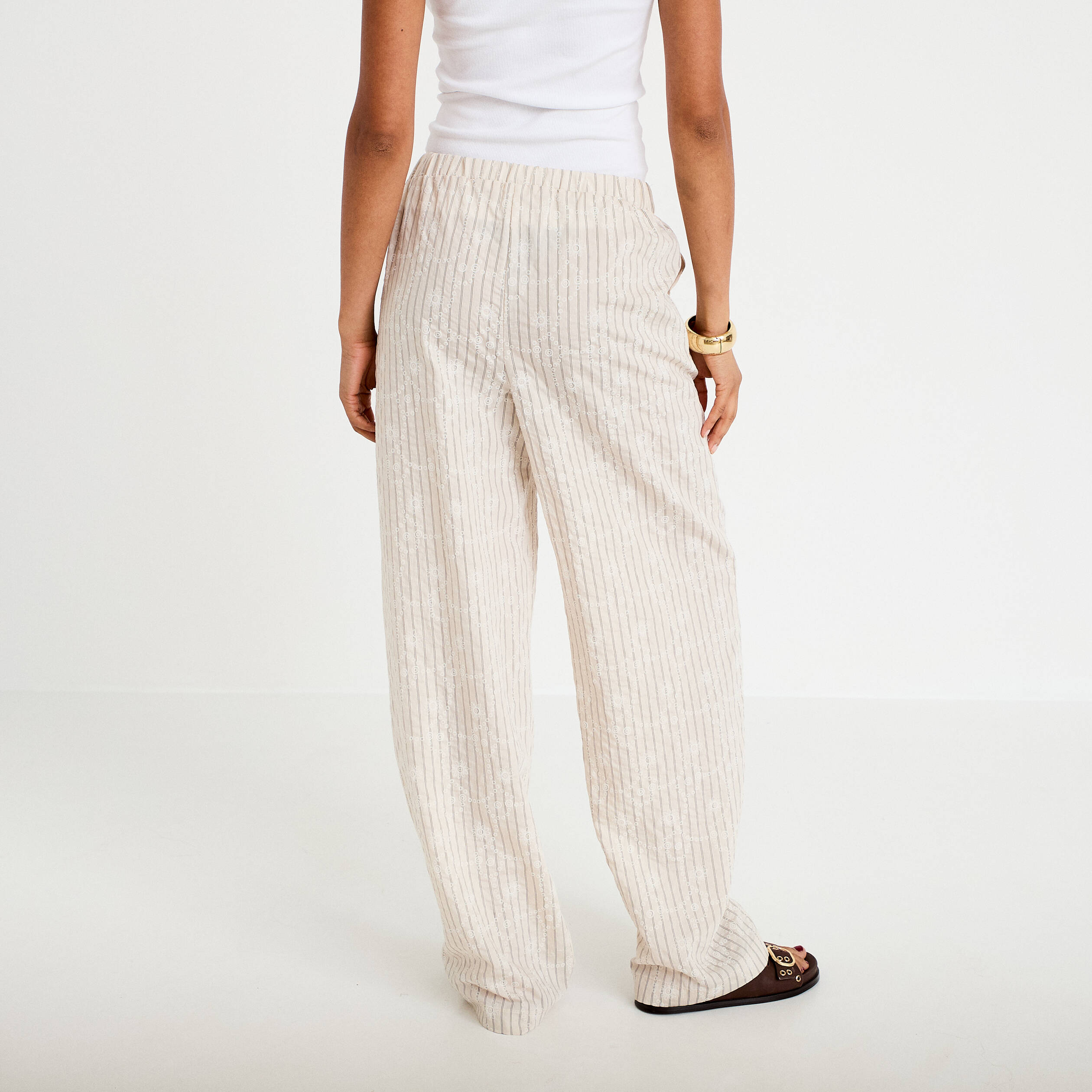 Pantalon large taille haute creme femme