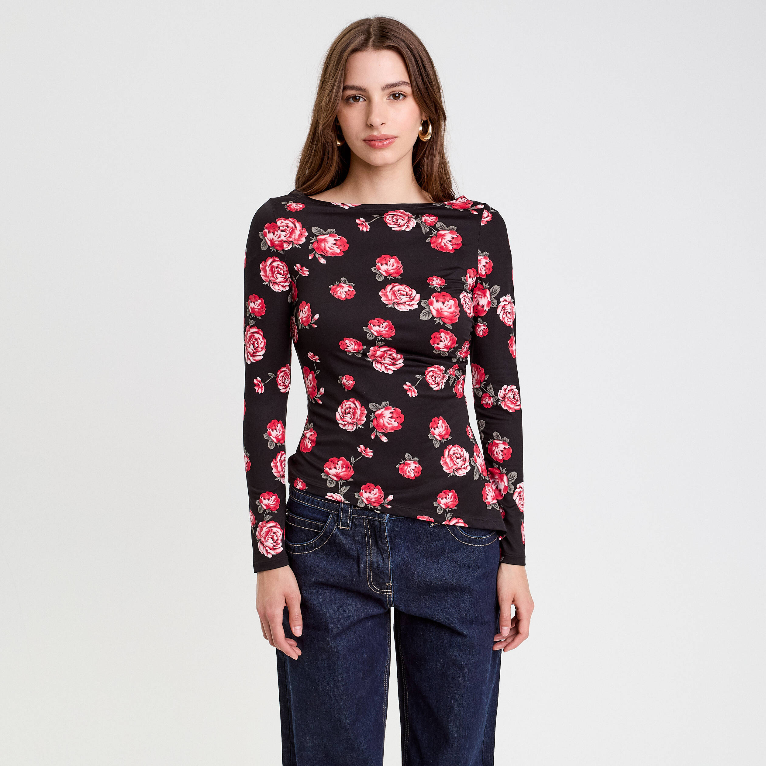 Top cintré manches longues col bateau noir femme Vibs