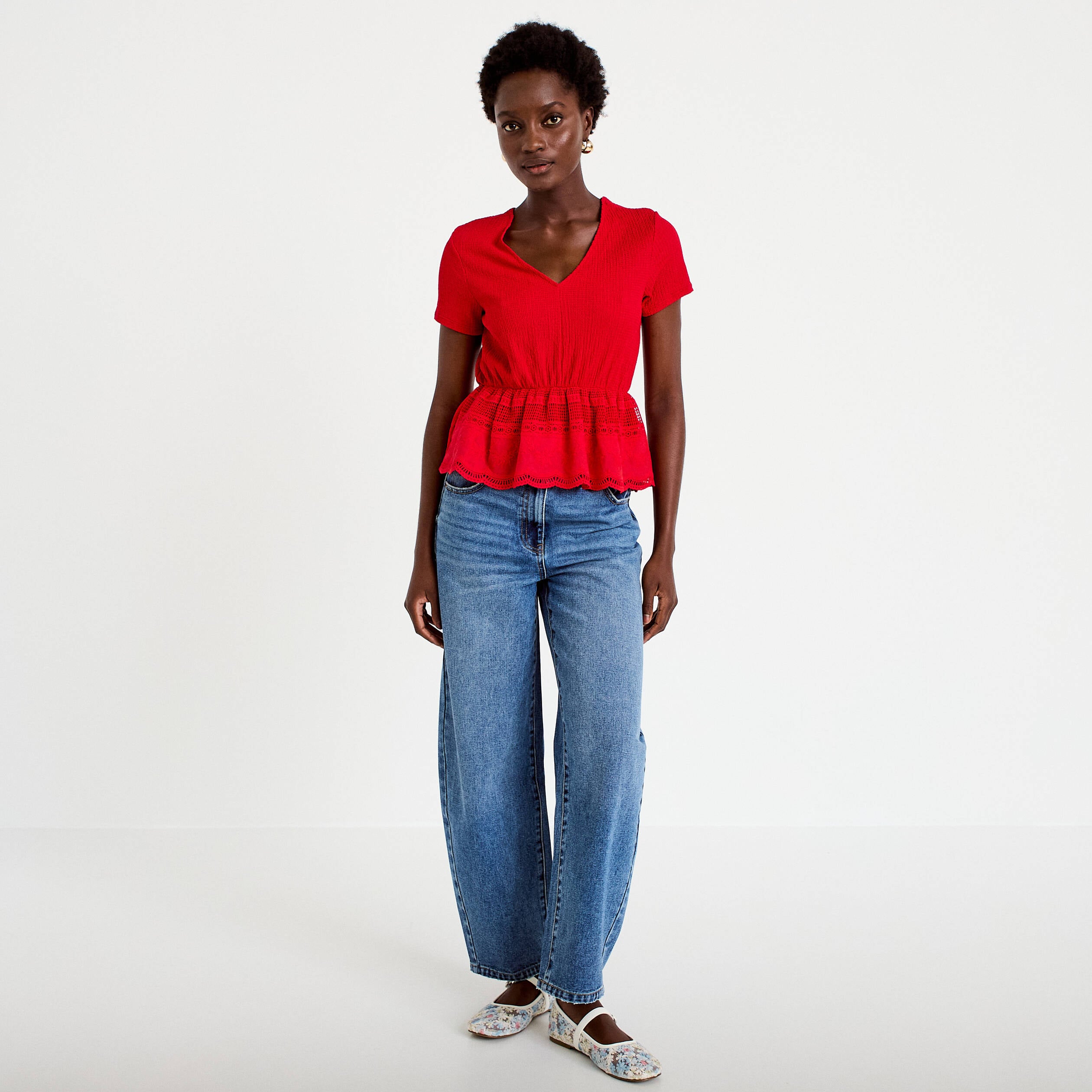 Blouse droite col v manches courtes rouge femme