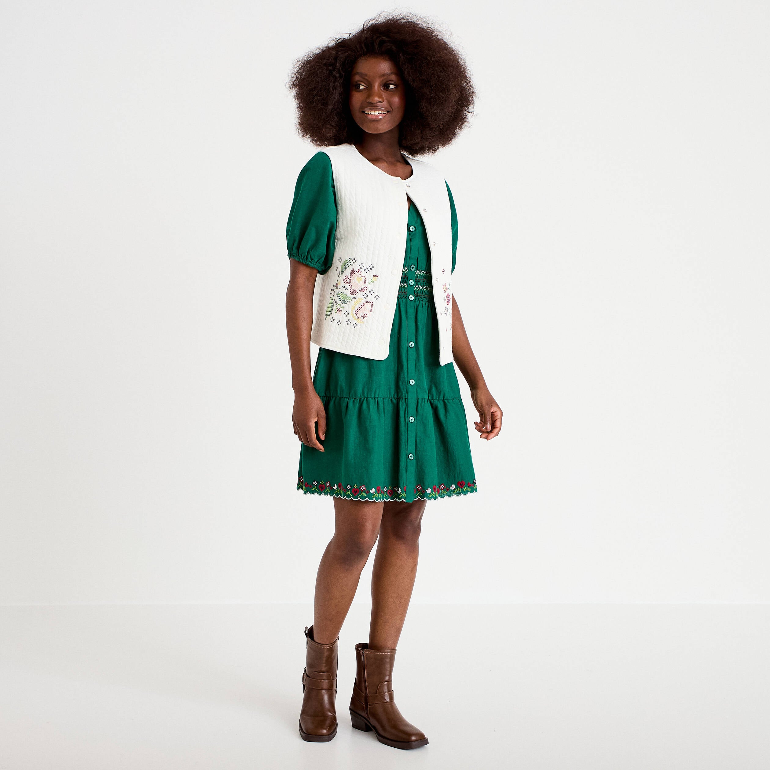 Robe courte &eacute;vas&eacute;e col am&eacute;ricain vert fonc&eacute; femme
