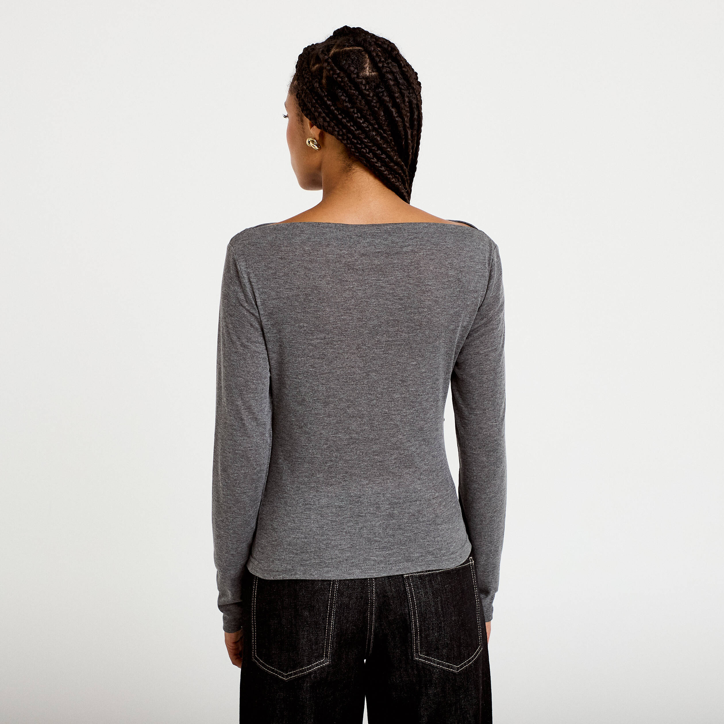 T-shirt col b&eacute;nitier manches longues gris fonc&eacute; femme