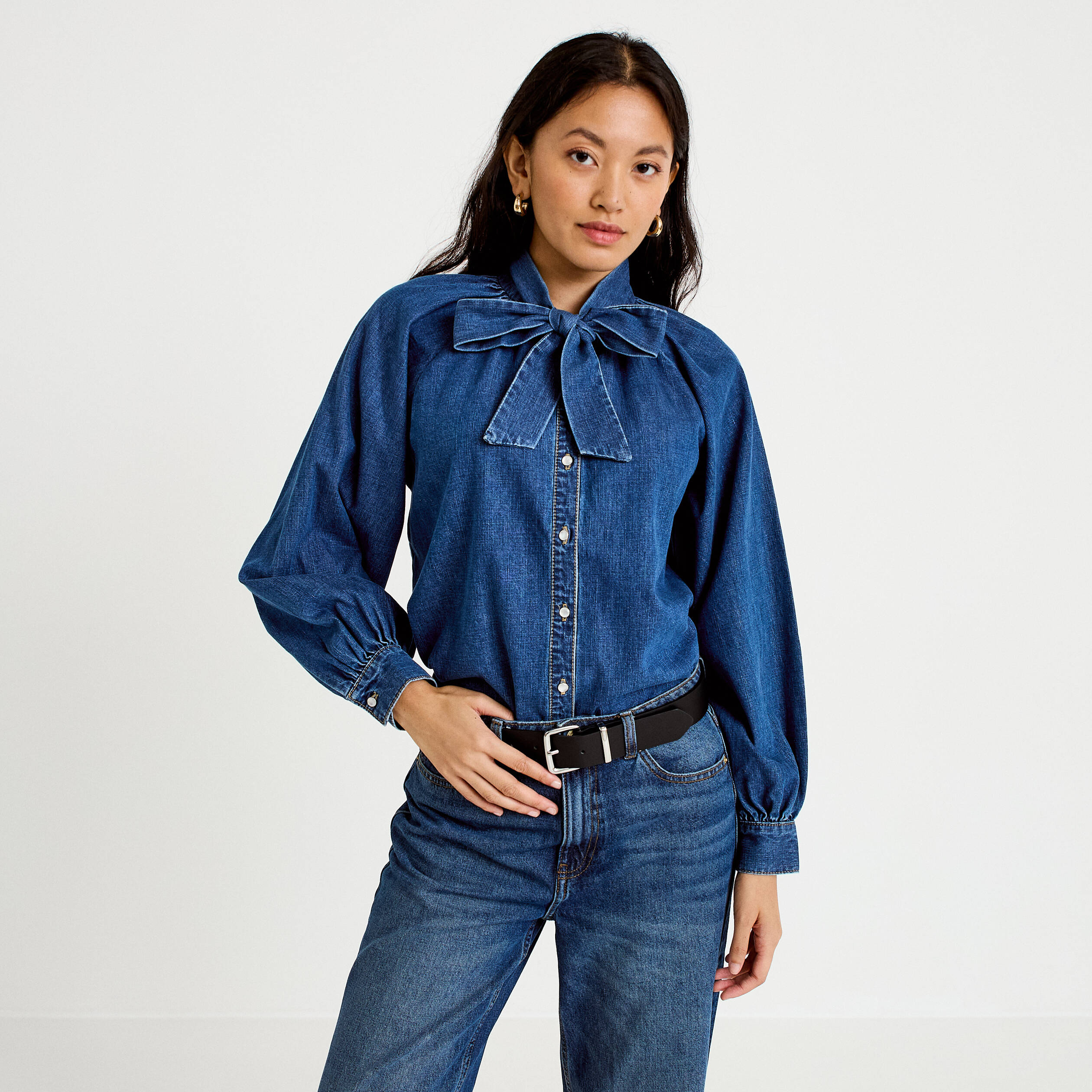 Chemise ample en jean col montant denim stone femme