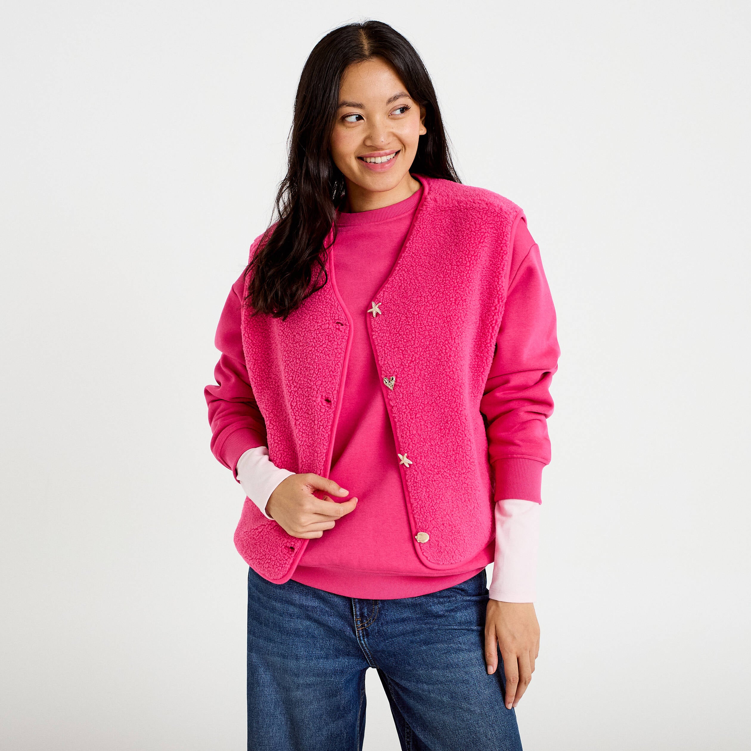 Gilet sans manches effet polaire col v rose fushia femme