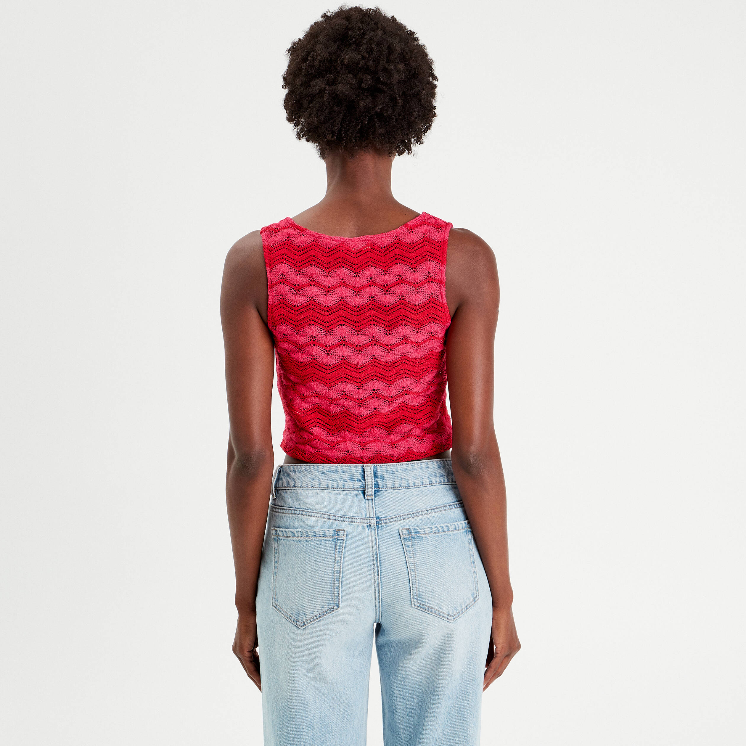 gilet cropped crochet rose fushia femme Gilet cropped crochet rose fushia femme