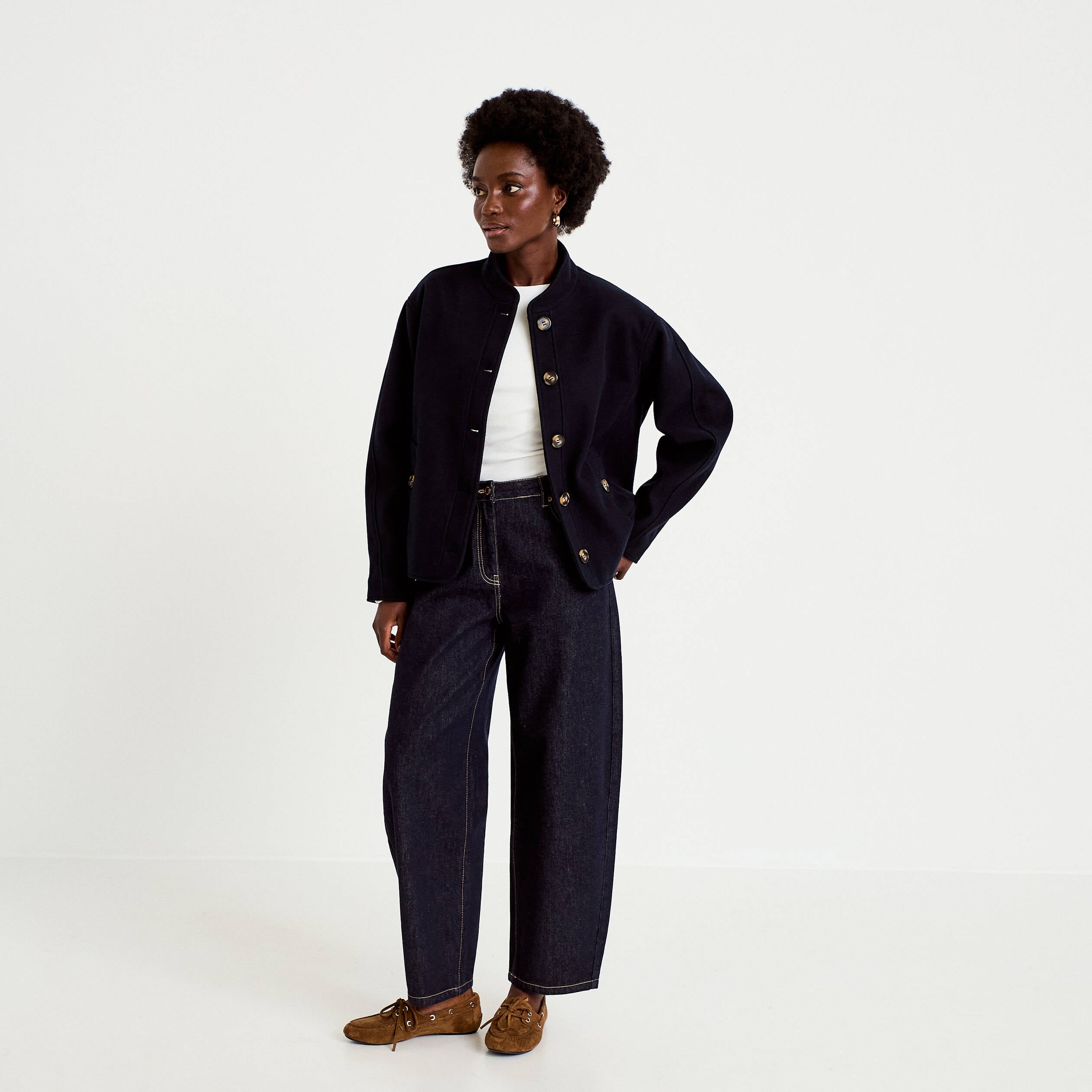 Veste droite col mao manches longues bleu marine femme