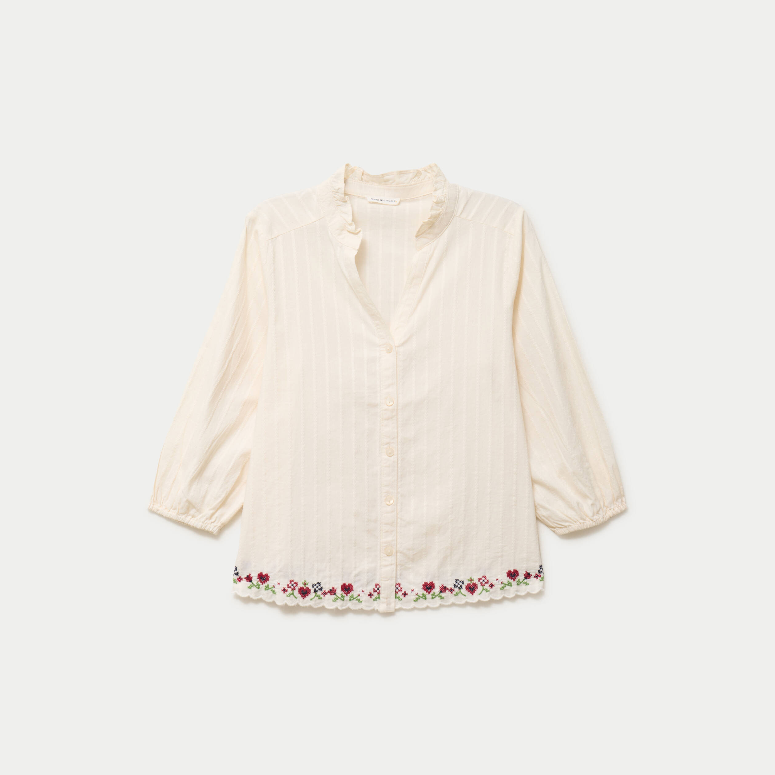 Blouse broderie col v manches 3/4 ecru femme