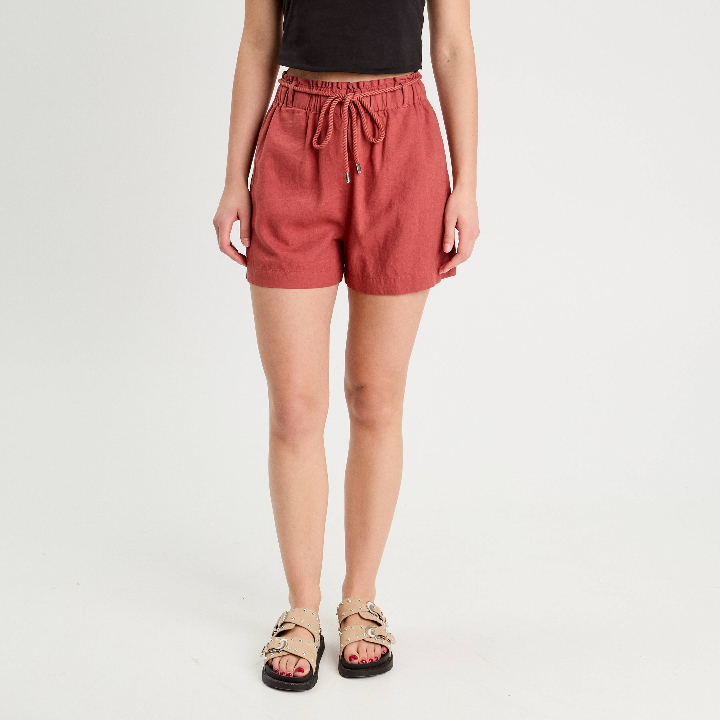 Short regular contenant du lin vieux rose femme