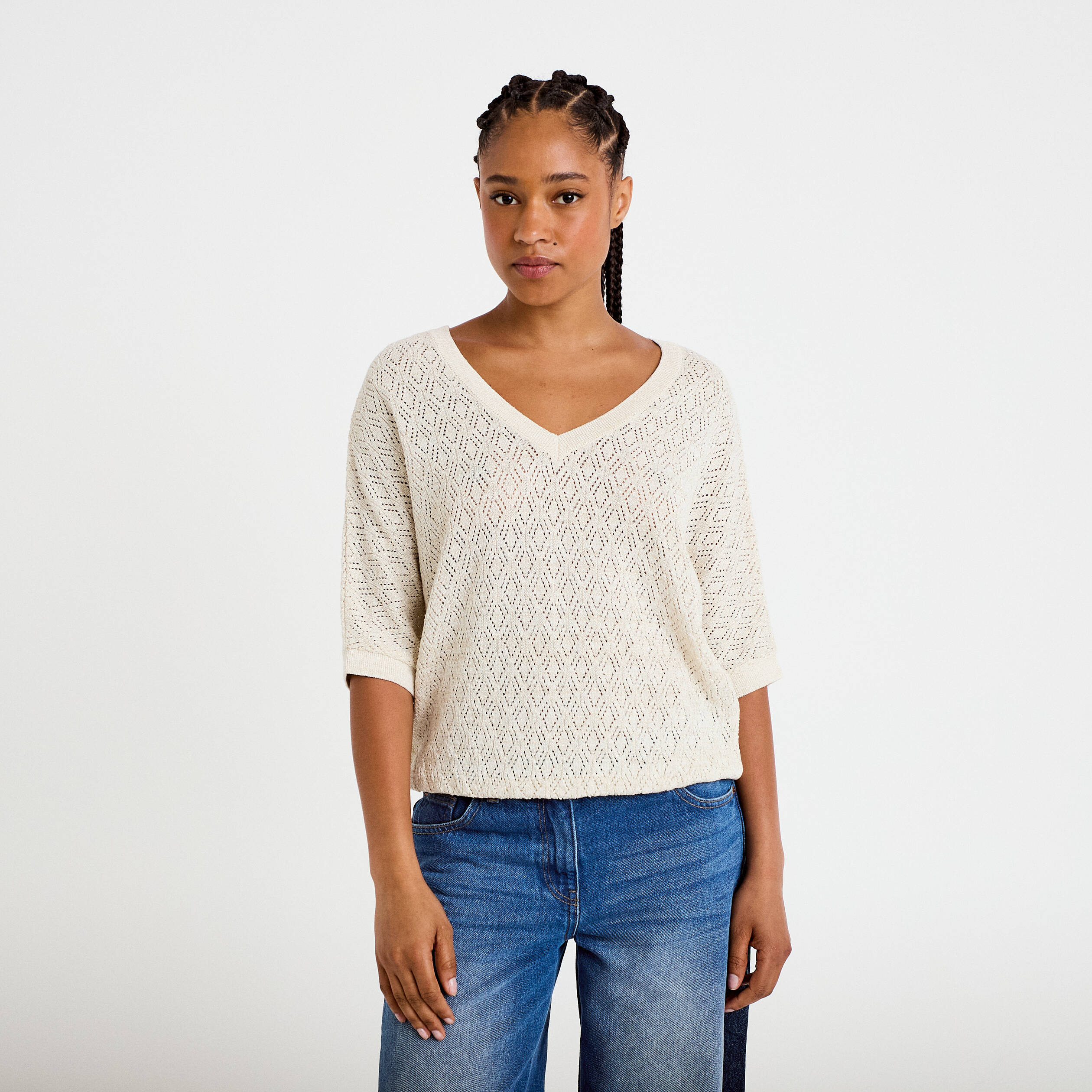 Pull ajour&eacute; col v manches courtes ecru femme