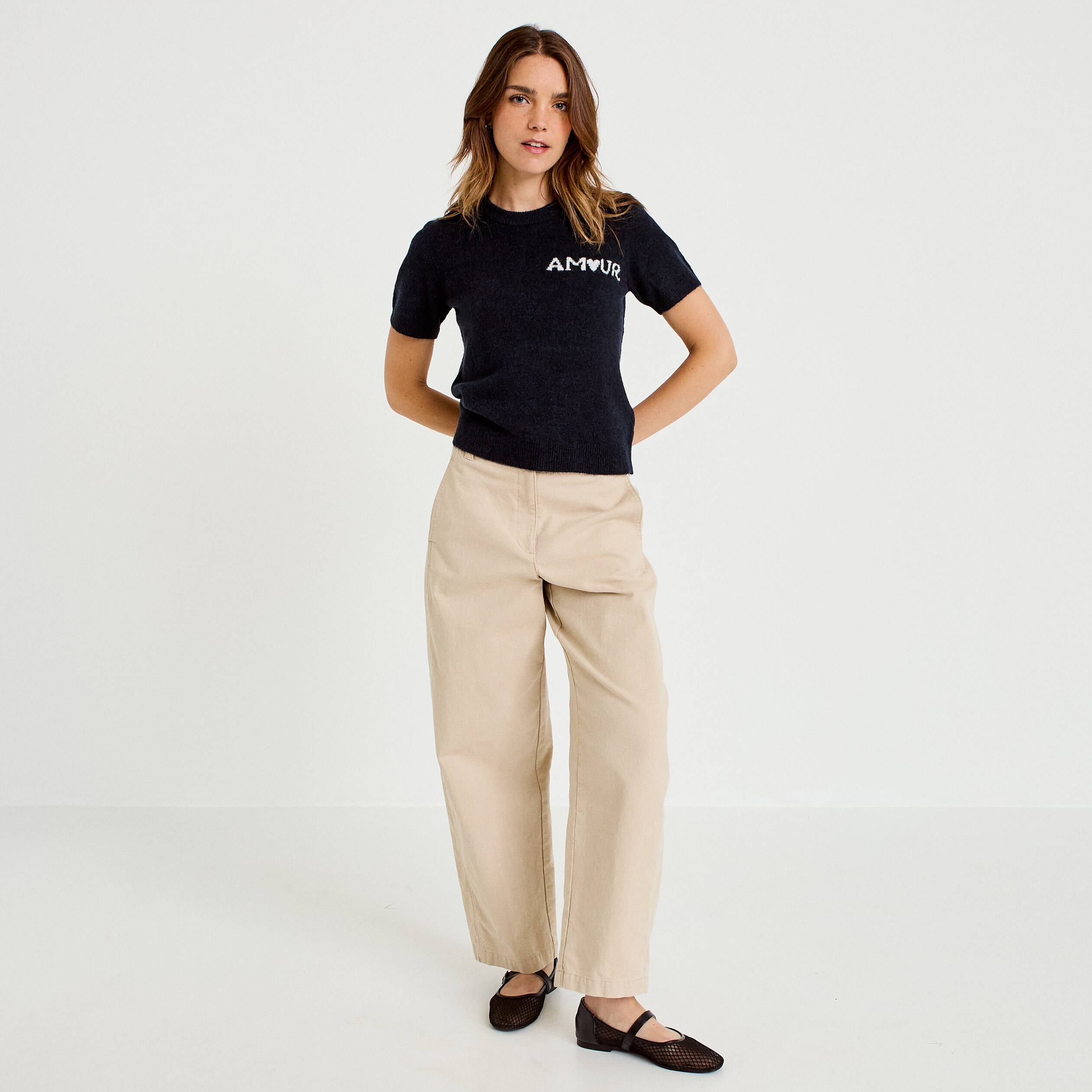 Pull ample manches courtes bleu marine femme
