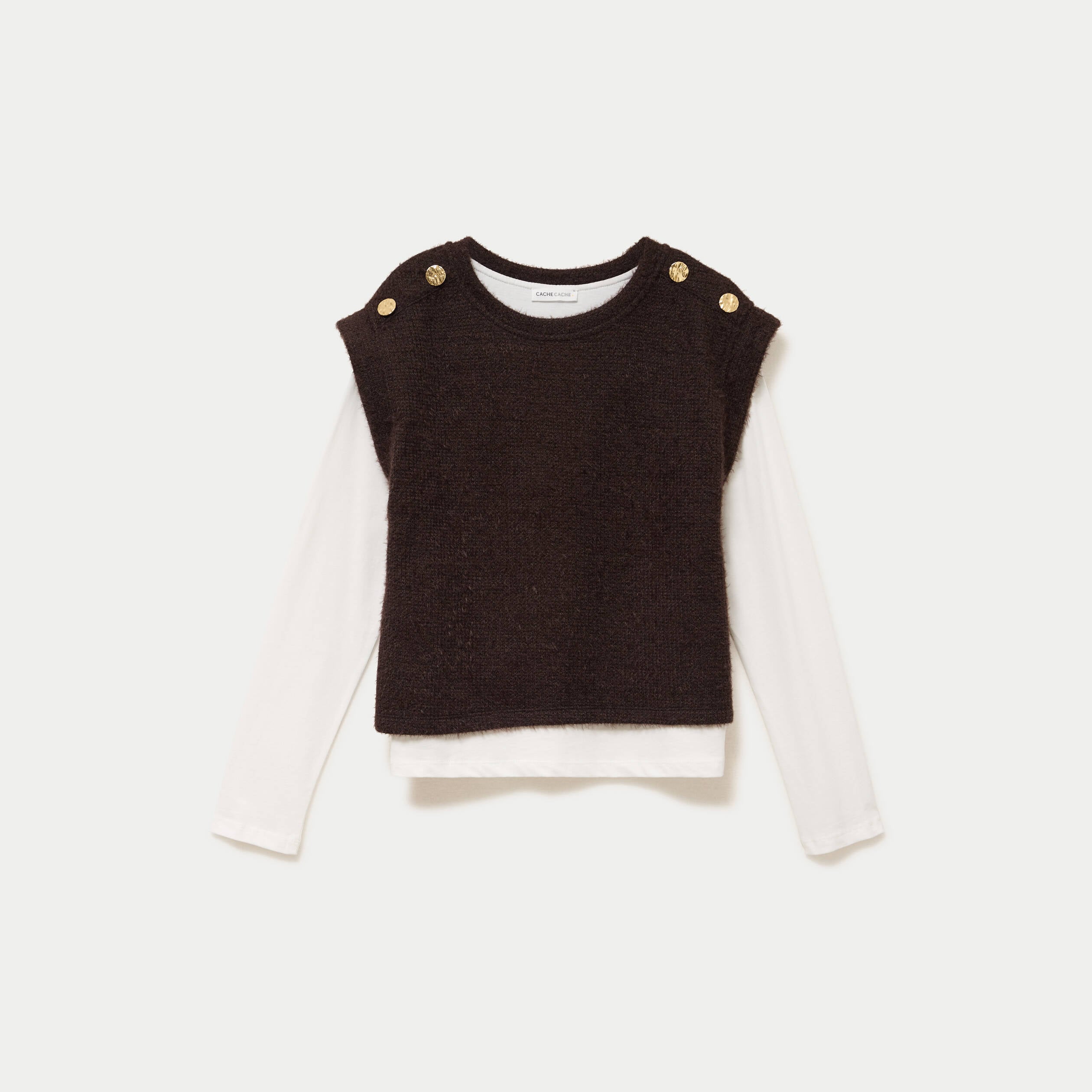 Pull 2-en-1 manches longues col rond marron fonc&eacute; femme