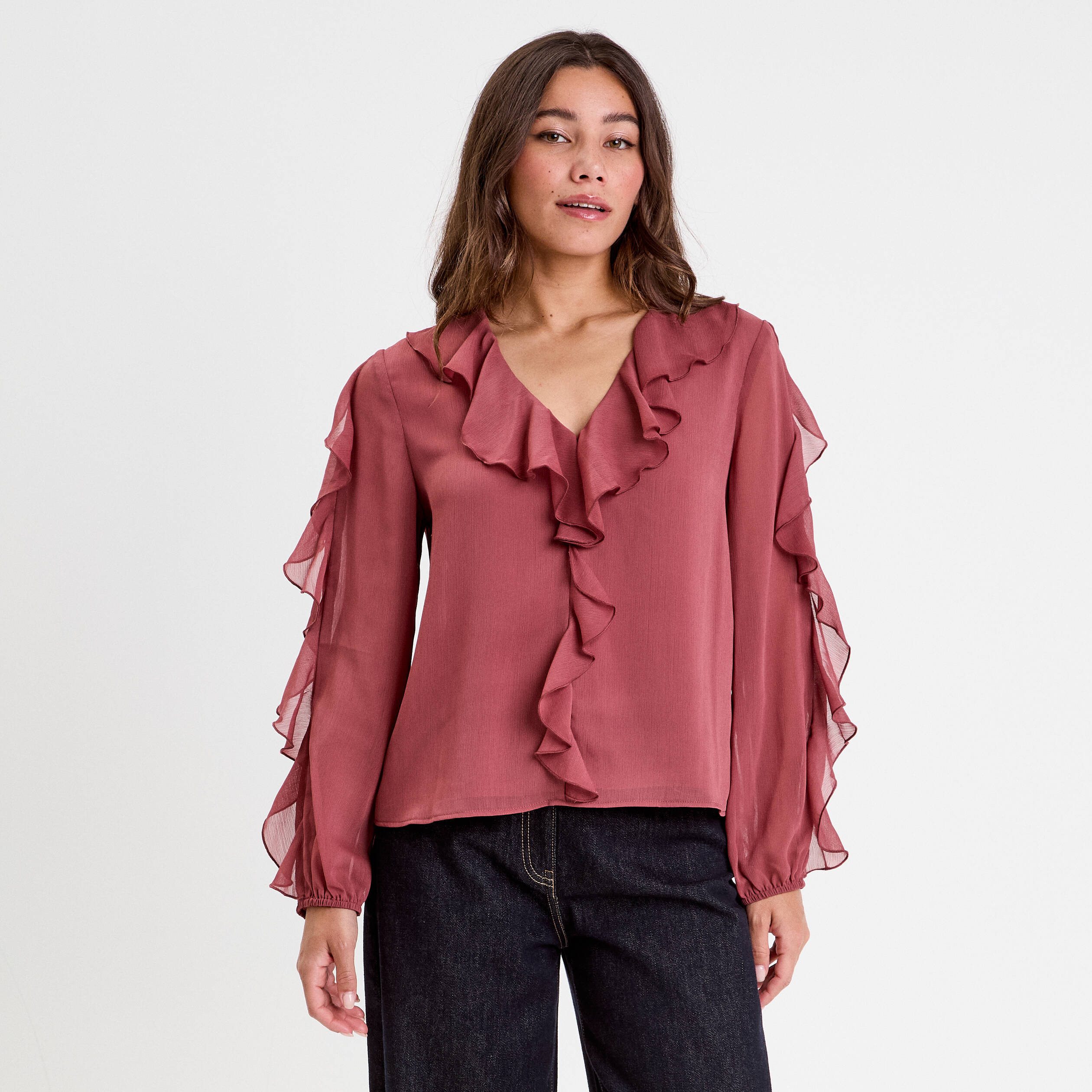 Blouse col V manches longues vieux rose femme