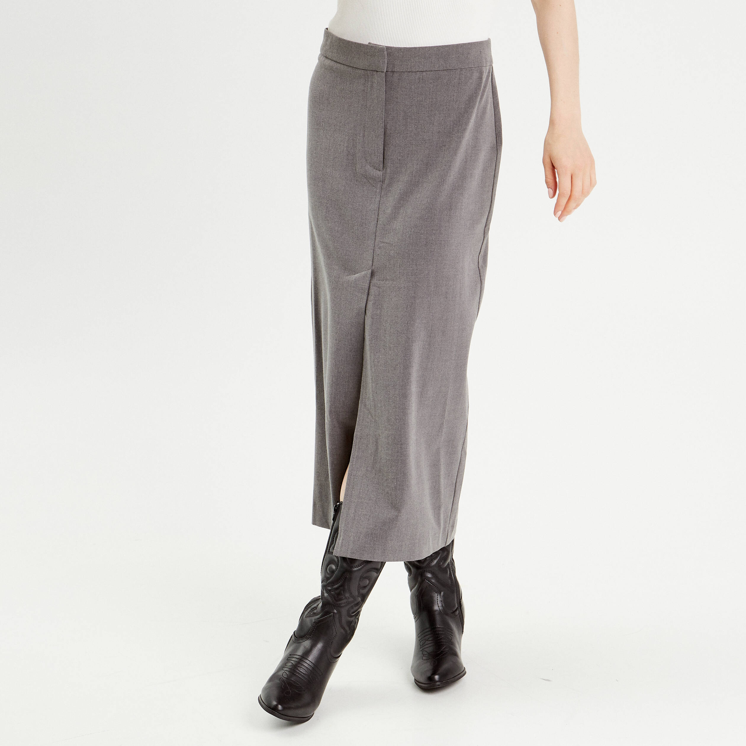 jupe midi droite fendue gris fonce femme Jupe midi droite fendue gris foncé femme