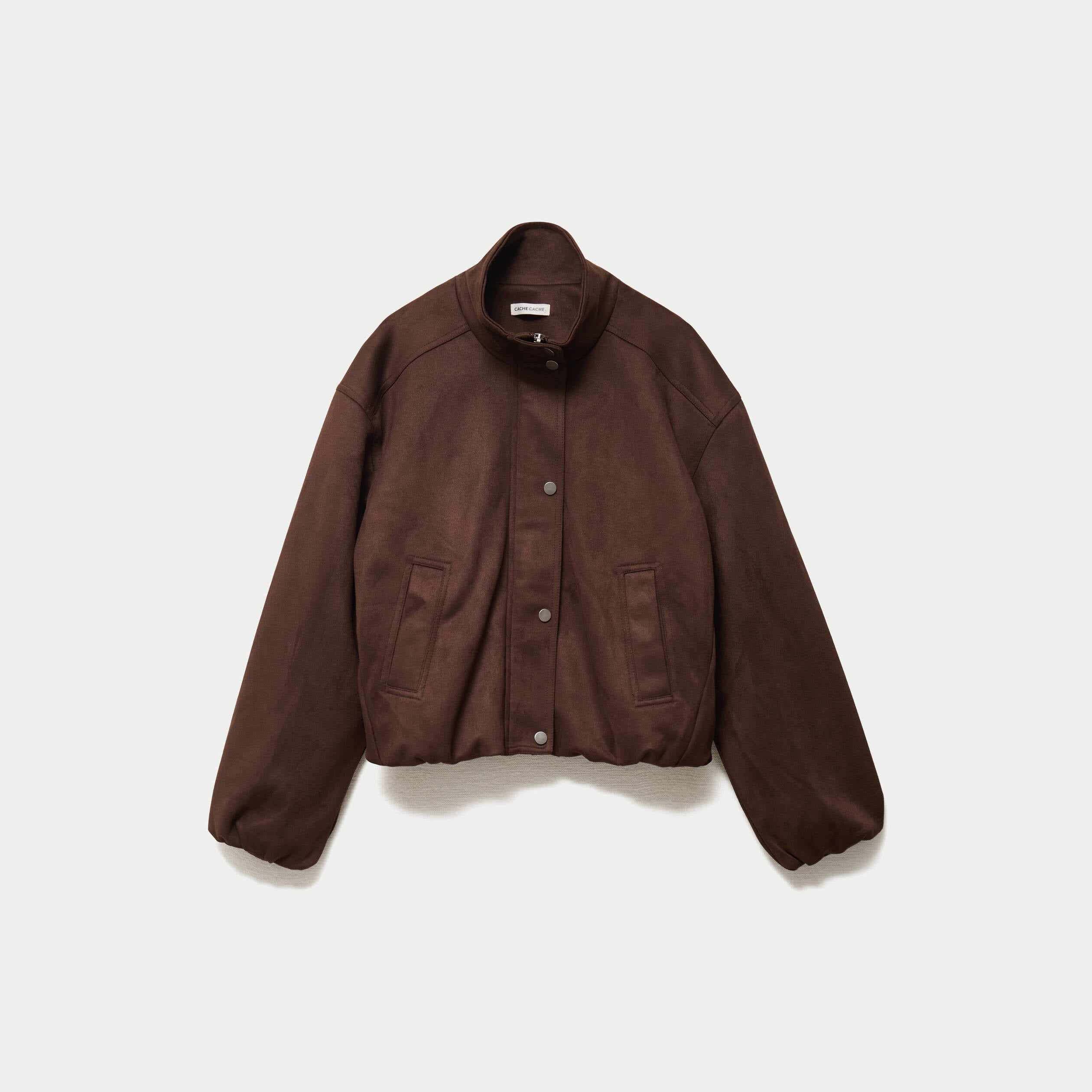 Veste effet boule col montant marron chocolat femme
