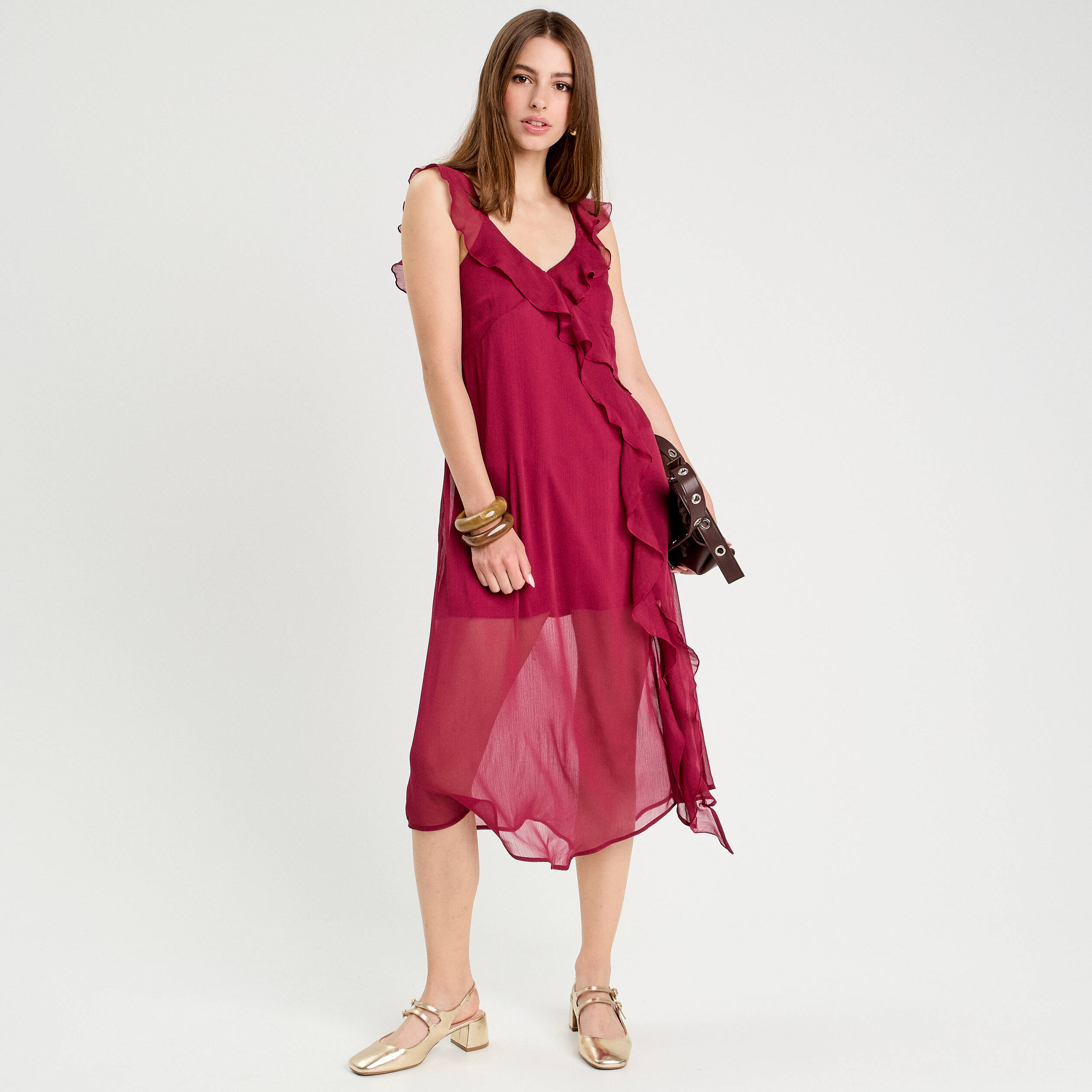 robe longue evasee volants bordeaux femme Robe longue évasée volants bordeaux femme